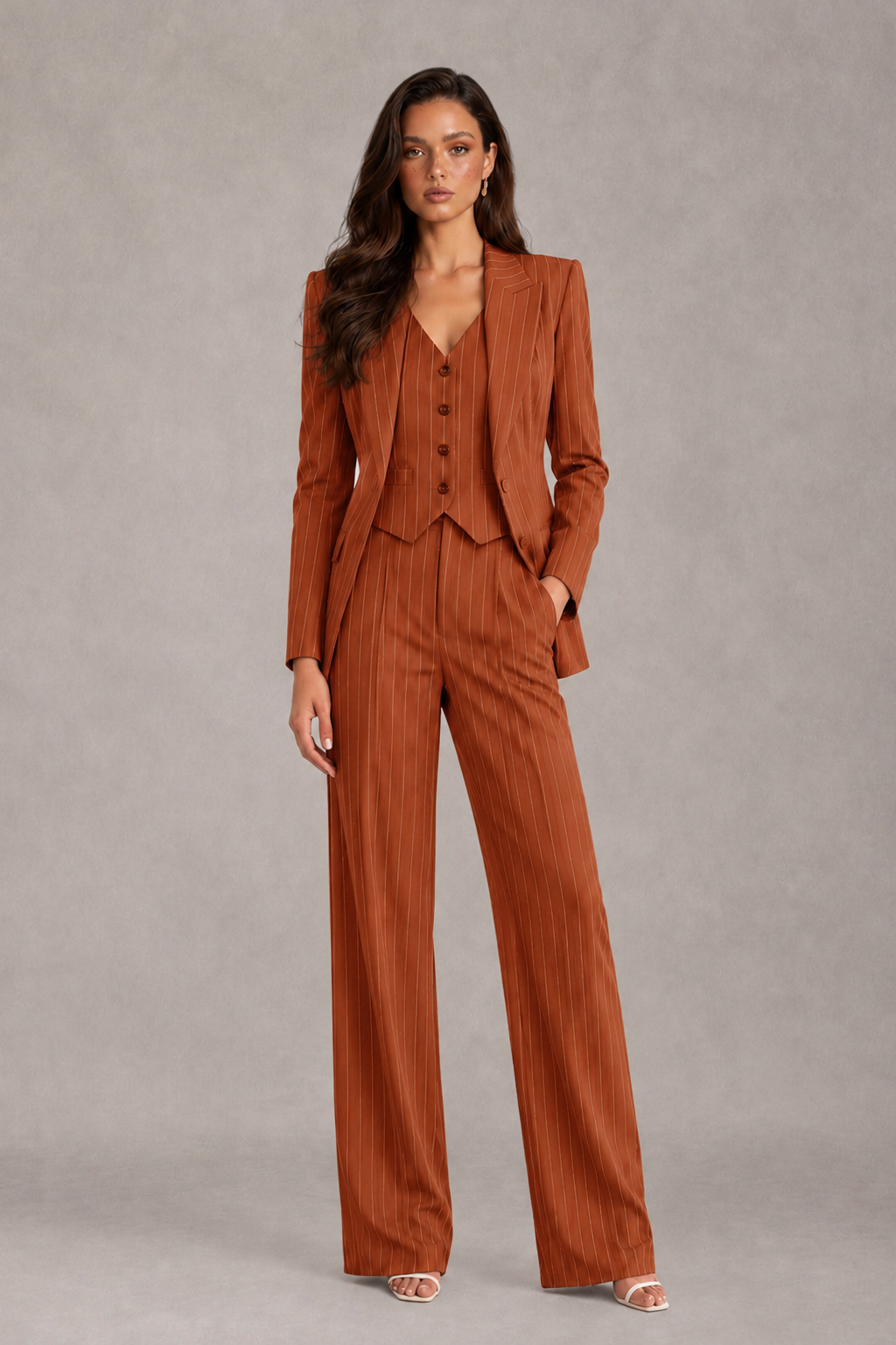 BOLODOO Women's Burnt Orange Pinstripe Three-Piece Pantsuit with Wide-Leg Trousers - Burnt Orange - Burnt Orange_01