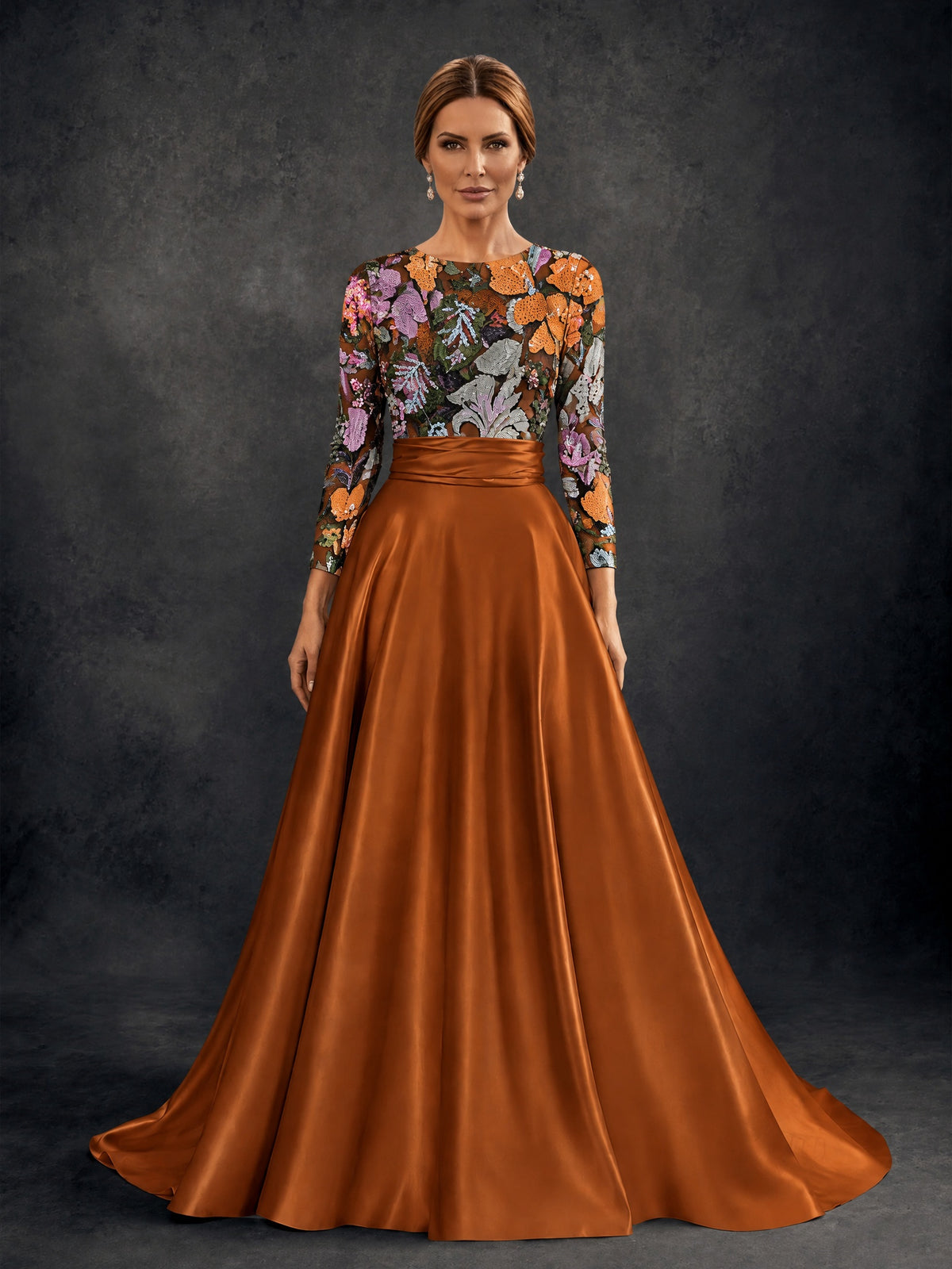 BOLODOO Burnt Orange 3/4 Sleeve Sequin Floral Illusion Bodice Satin A-Line Formal Gown - Burnt Orange - Burnt Orange_01