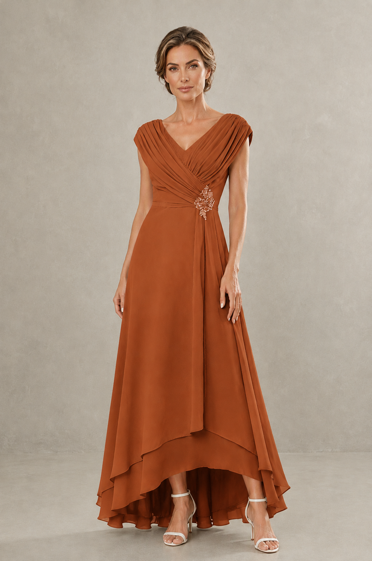 BOLODOO Burnt Orange V-Neck High-Low Mother of the Bride Dress - Burnt Orange - Burnt Orange_01