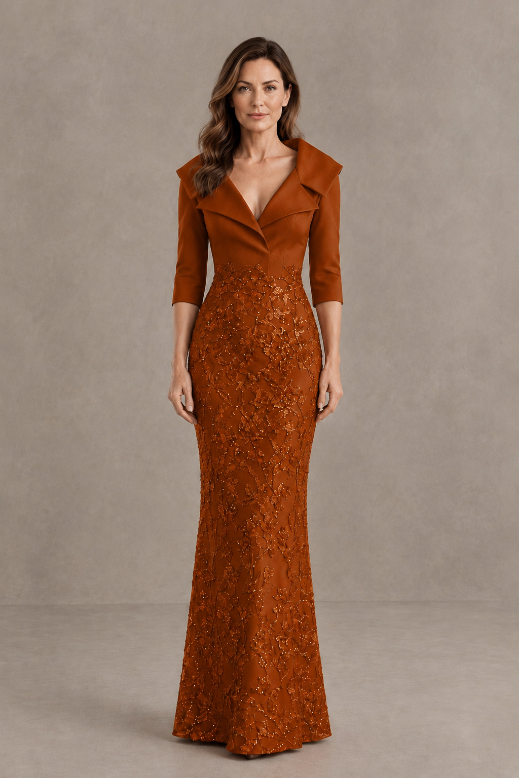 BOLODOO Burnt Orange Three-Quarter Sleeve Mermaid Evening Dress with Floral Detail - Burnt Orange - Burnt Orange_01