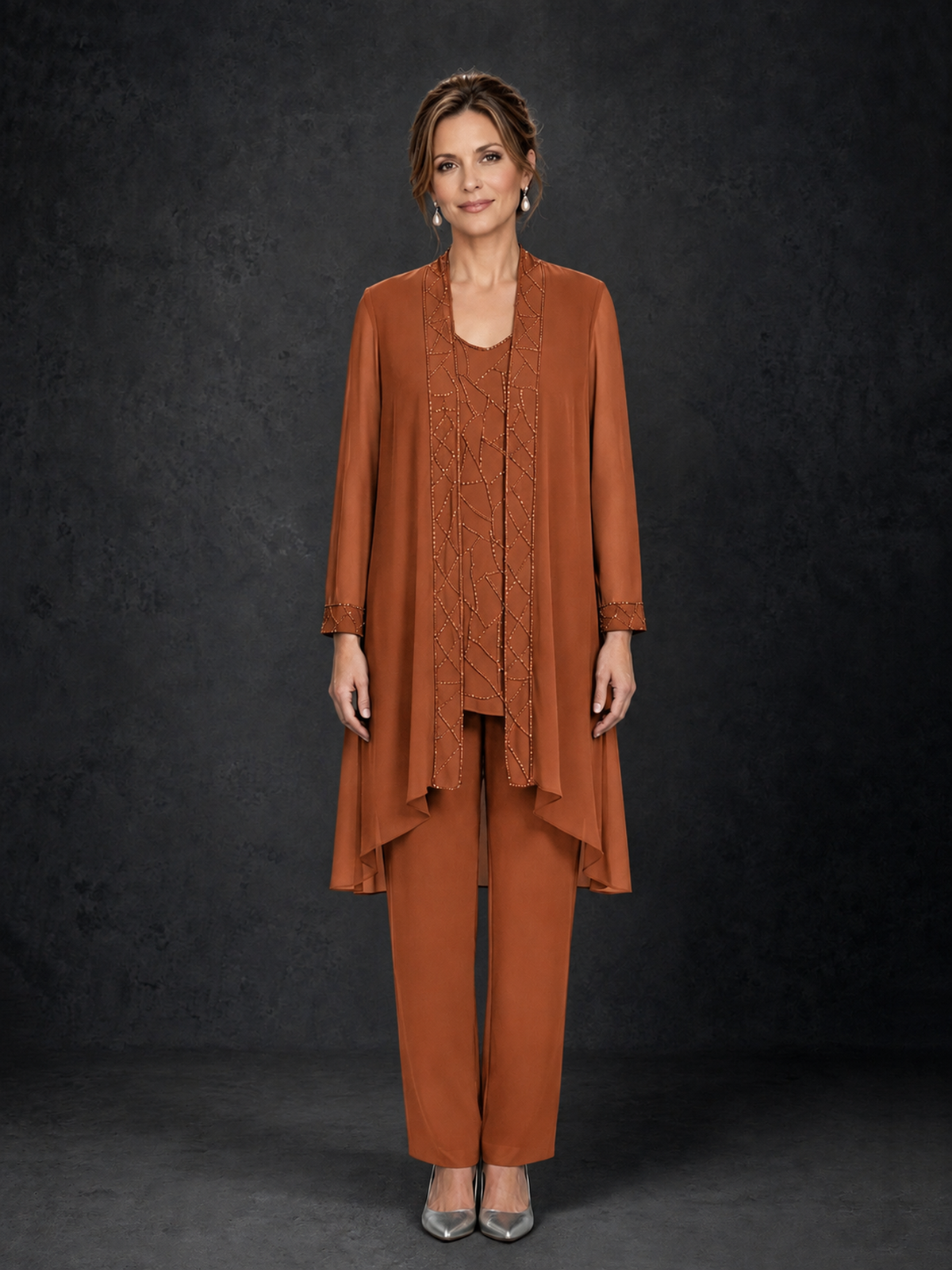 BOLODOO Burnt Orange 3-Piece Beaded Chiffon Duster Jacket Pant Suit - Burnt Orange - Burnt Orange_01