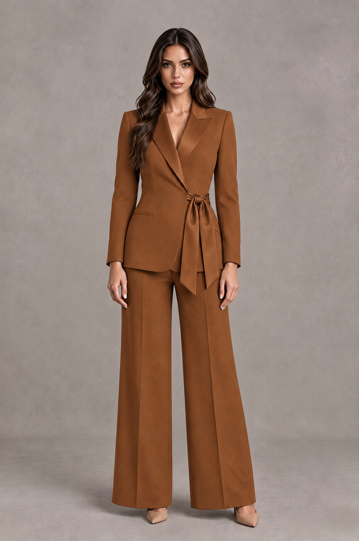 BOLODOO Burnt Orange Tie-Waist Blazer & Wide-Leg Pantsuit - Burnt Orange - Burnt Orange_01