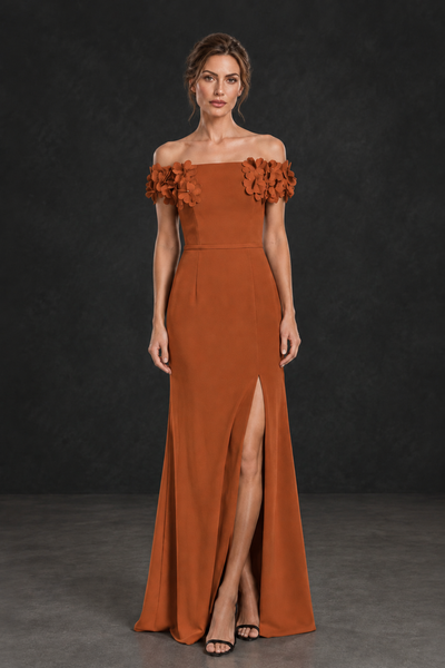 BOLODOO Burnt Orange Off-the-Shoulder Mother of the Bride Dress with Floral Appliques - Burnt Orange - Burnt Orange_01