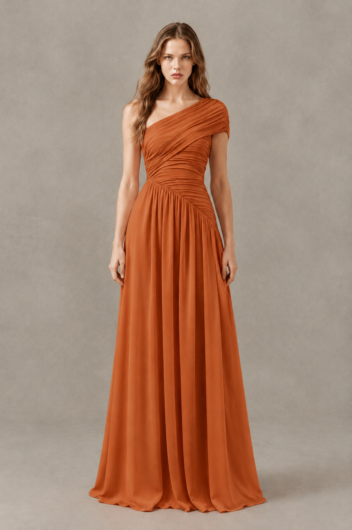 BOLODOO Burnt Orange One-Shoulder Ruched Floor-Length Bridesmaid Dress - Burnt Orange - Burnt Orange_01