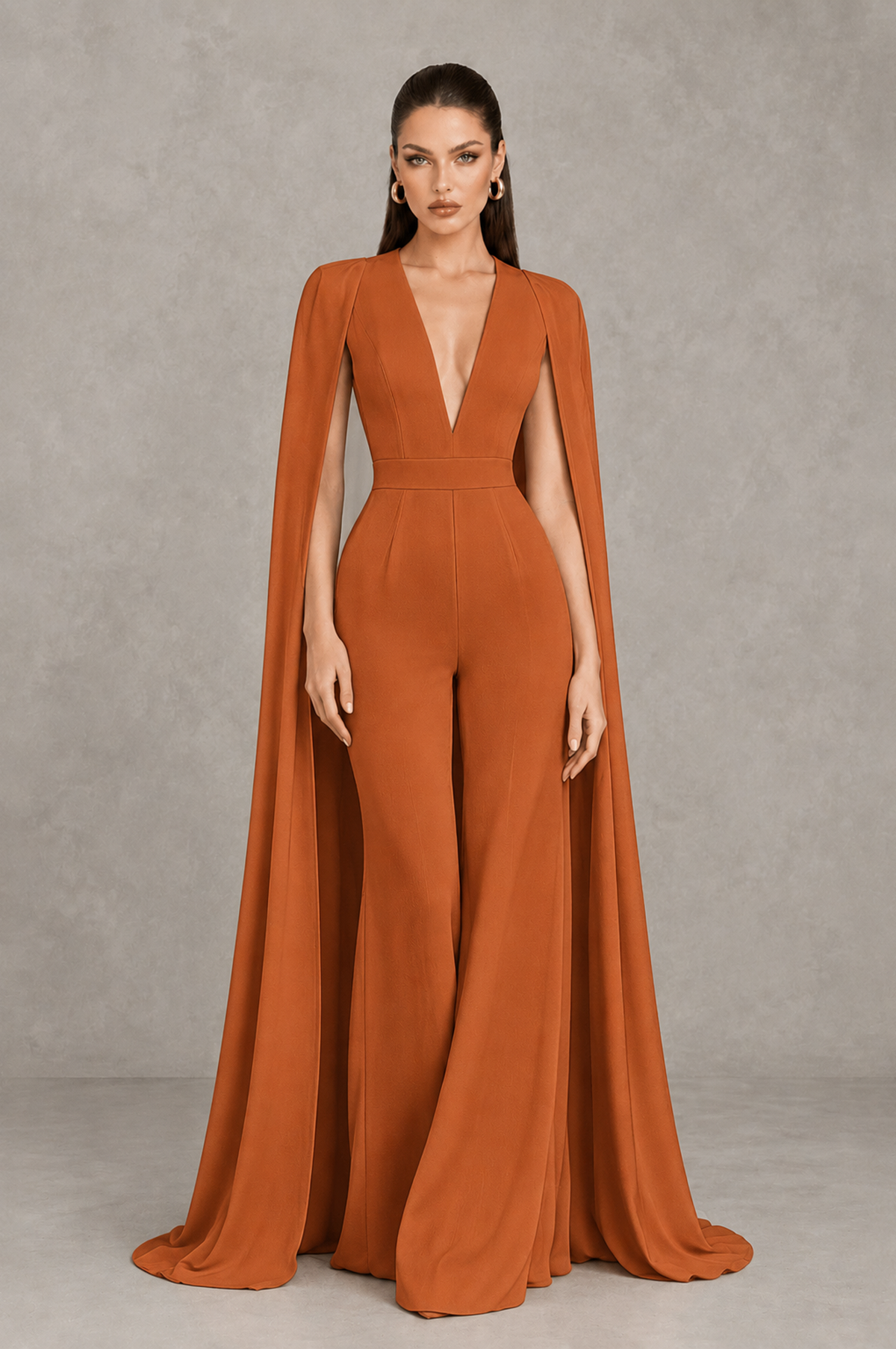 BOLODOO Burnt Orange Deep V-Neck Cape Sleeve Bridal Jumpsuit - Burnt Orange - Burnt Orange_01
