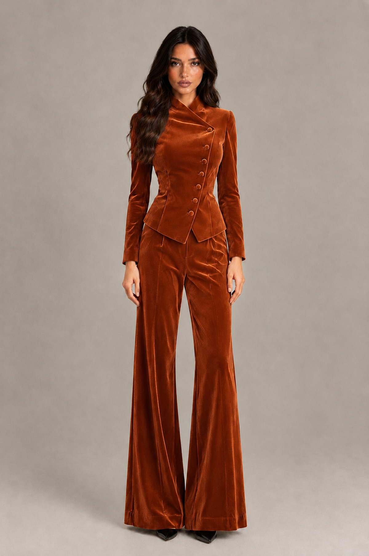 BOLODOO Burnt Orange Velvet Two-Piece Pantsuit with Long Sleeve Blazer & Wide-Leg Trousers - Burnt Orange - Burnt Orange_01