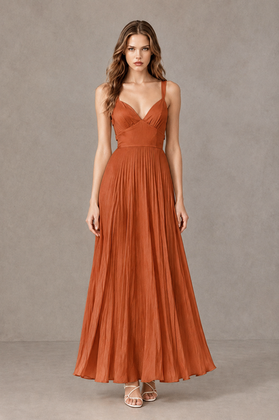 BOLODOO Burnt Orange V-Neck Pleated Open-Back Maxi Dress - Burnt Orange - Burnt Orange_01