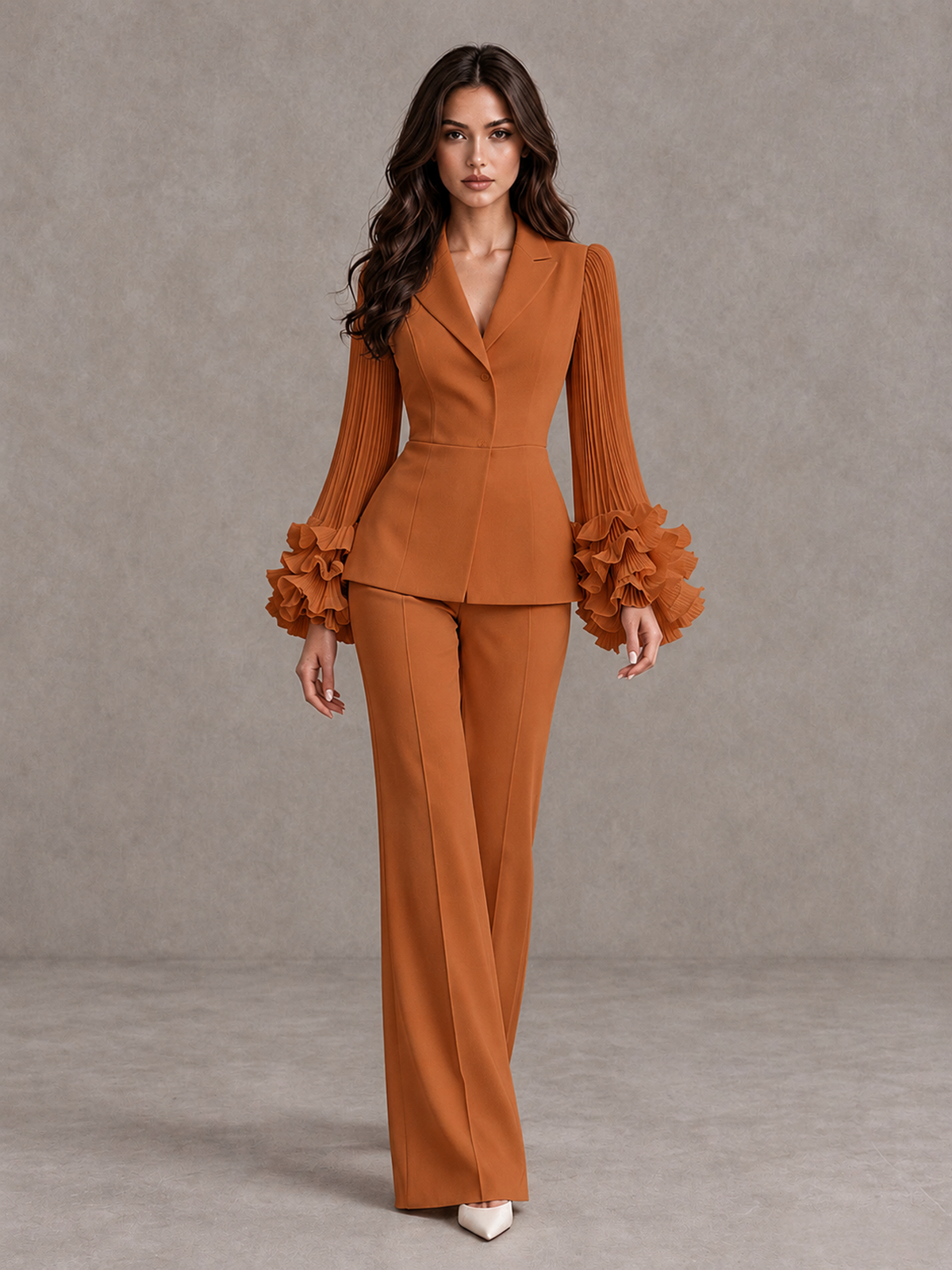 BOLODOO Burnt Orange Mother of the Bride Pant Suit – Pleated Long Sleeve Ruffle Cuff Wide Leg Trouser Suit - Burnt Orange - Burnt Orange_01