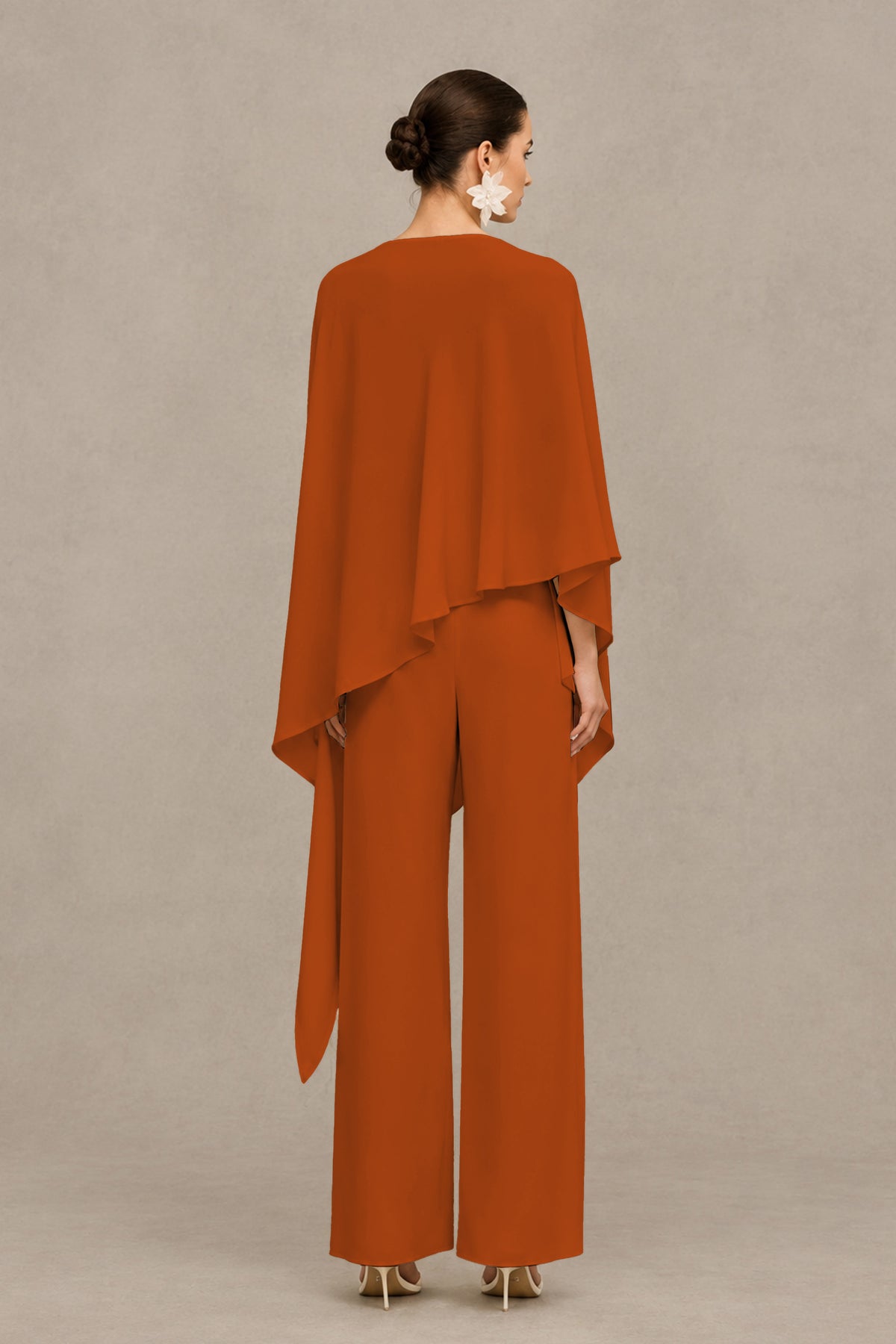 BOLODOO Burnt Orange Cape Sleeve Wide-Leg Formal Pantsuit - Burnt Orange - Burnt Orange_02