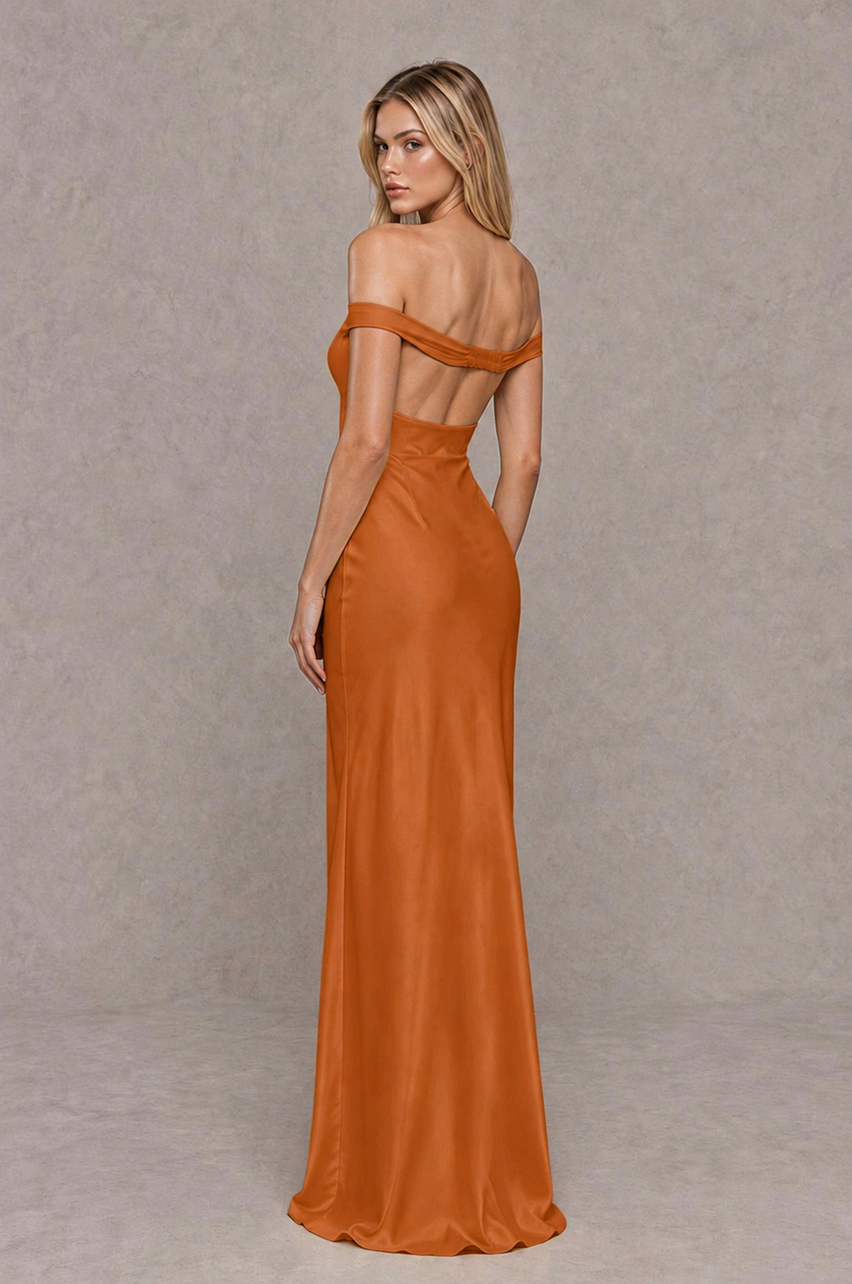 BOLODOO Burnt Orange Off-Shoulder Open-Back Satin Evening Gown - Burnt Orange - Burnt Orange_02