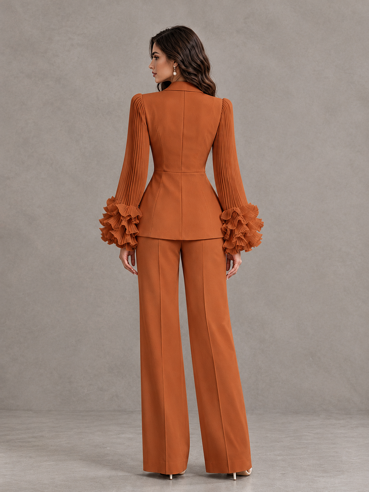 BOLODOO Burnt Orange Mother of the Bride Pant Suit – Pleated Long Sleeve Ruffle Cuff Wide Leg Trouser Suit - Burnt Orange - Burnt Orange_02