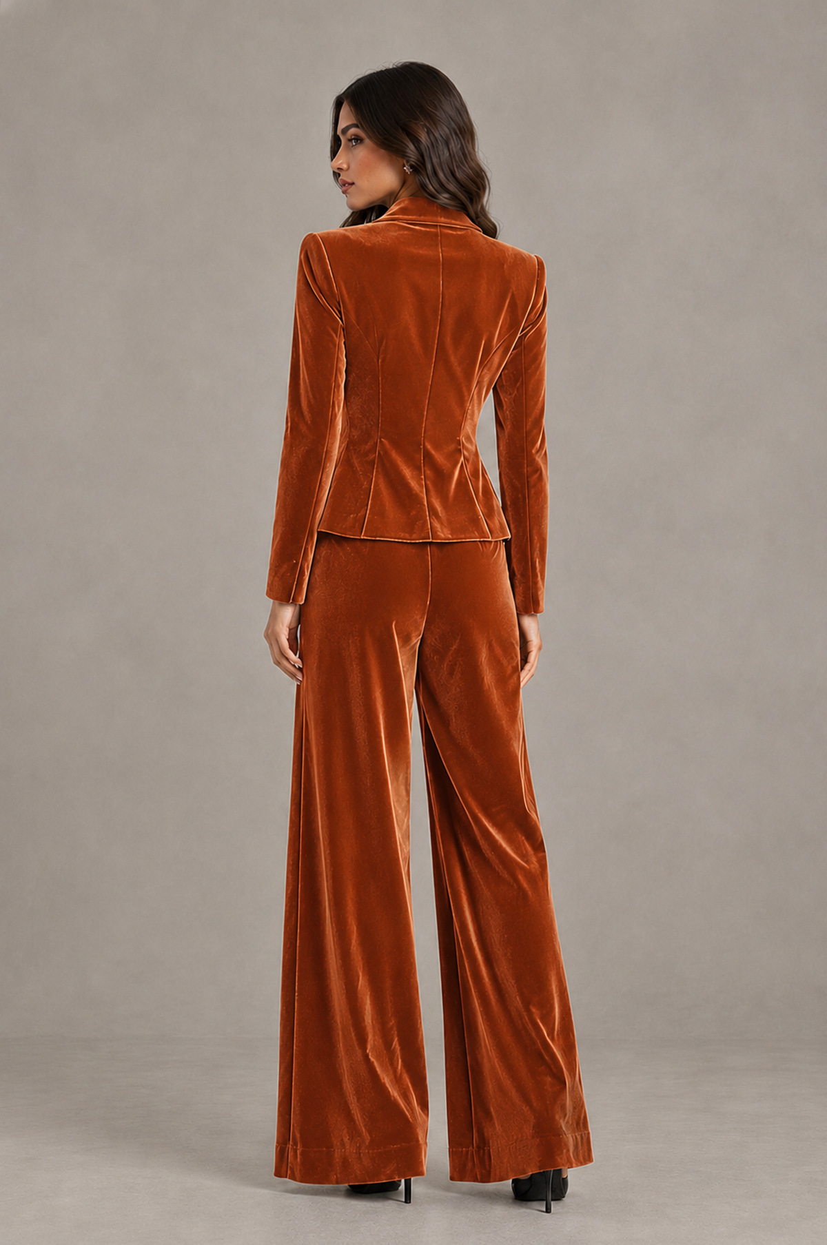 BOLODOO Burnt Orange Velvet Two-Piece Pantsuit with Long Sleeve Blazer & Wide-Leg Trousers - Burnt Orange - Burnt Orange_02