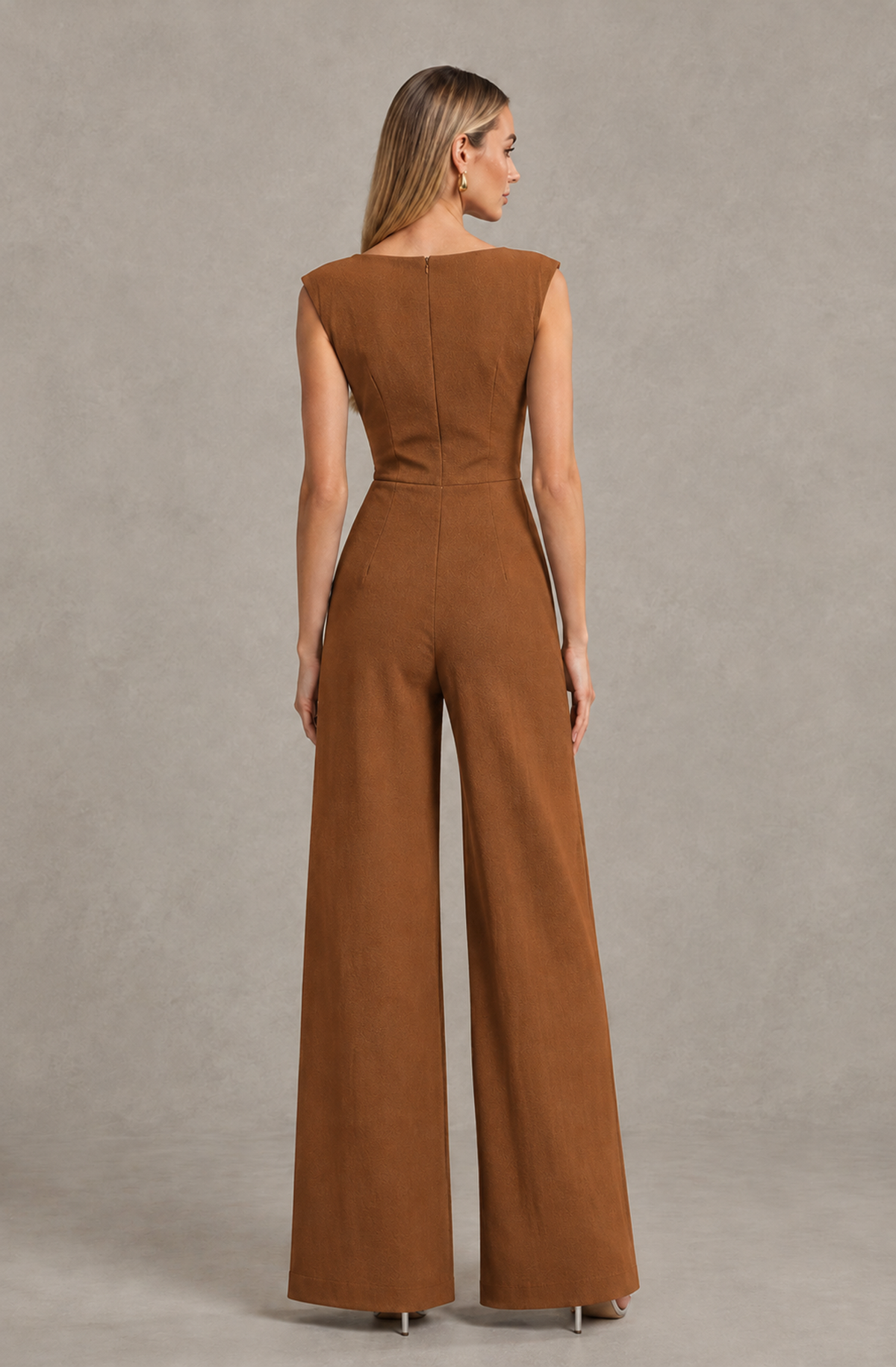 BOLODOO Burnt Orange Sleeveless V-Neck Wide-Leg Jumpsuit with Side Drape - Burnt Orange - Burnt Orange_02
