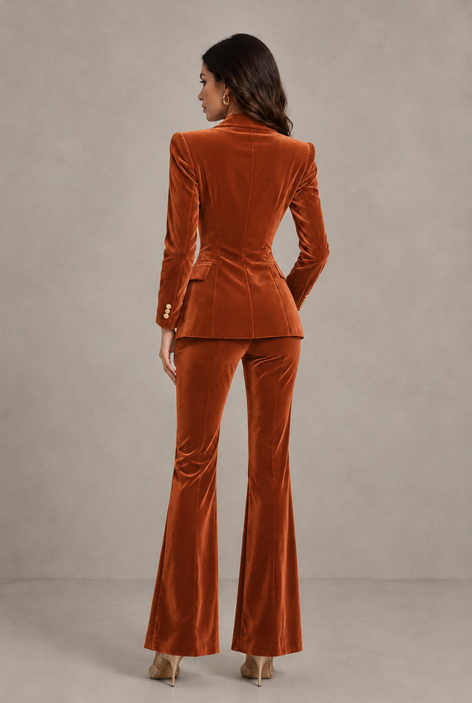 BOLODOO Burnt Orange Velvet Double-Breasted Blazer & Pants Two-Piece Suit - Burnt Orange - Burnt Orange_02