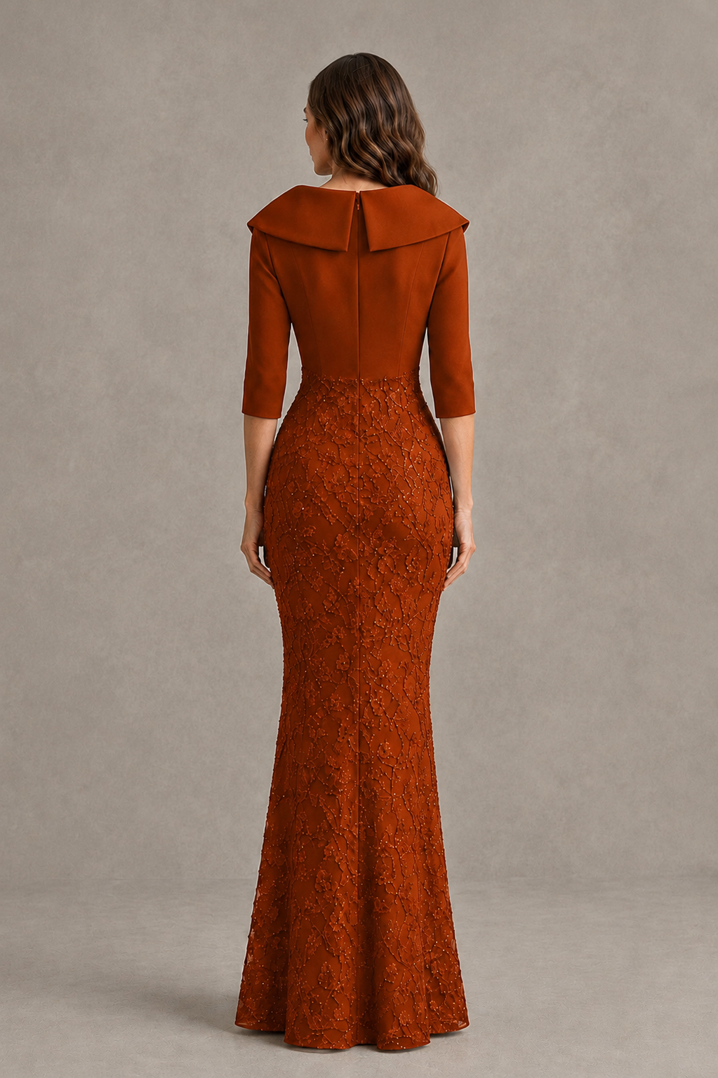 BOLODOO Burnt Orange Three-Quarter Sleeve Mermaid Evening Dress with Floral Detail - Burnt Orange - Burnt Orange_02