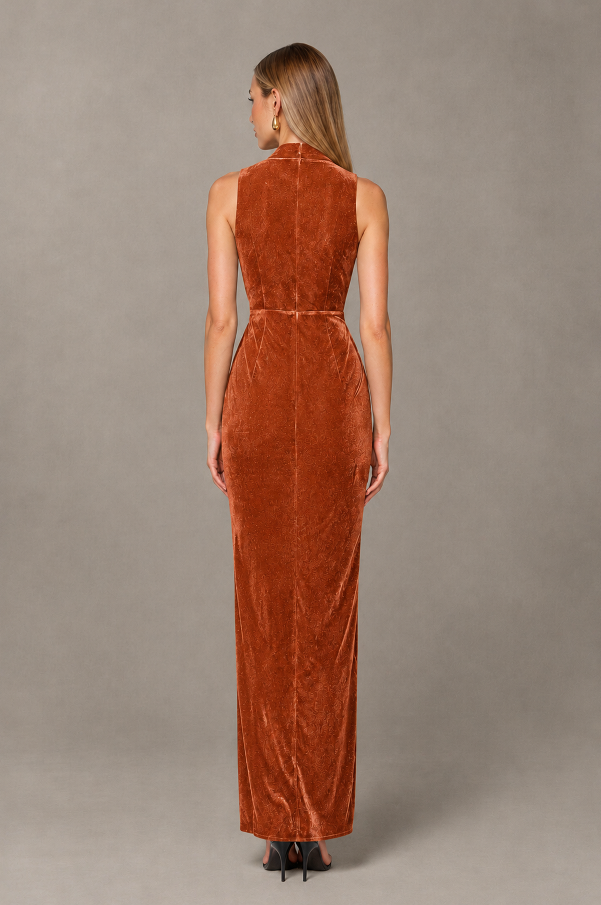 Burnt Orange Velvet-Look V-Neck Slit Maxi Dress | BOLODOO