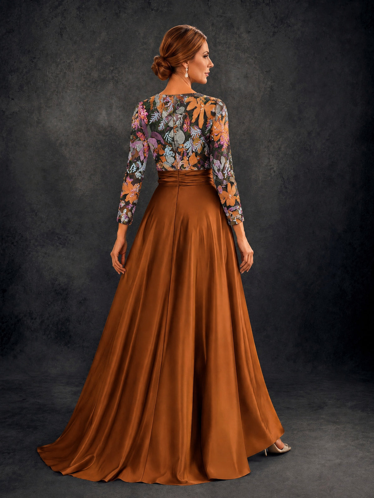 BOLODOO Burnt Orange 3/4 Sleeve Sequin Floral Illusion Bodice Satin A-Line Formal Gown - Burnt Orange - Burnt Orange_02