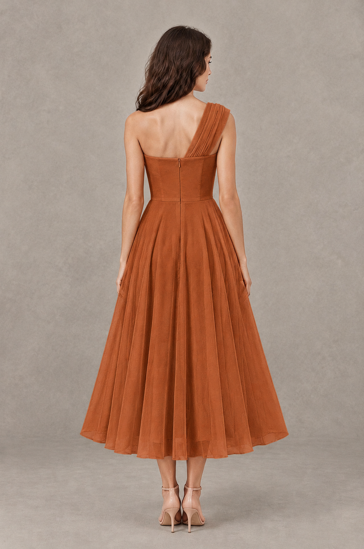 BOLODOO Burnt Orange One-Shoulder Floral Tulle Tea-Length Dress - Burnt Orange - Burnt Orange_02