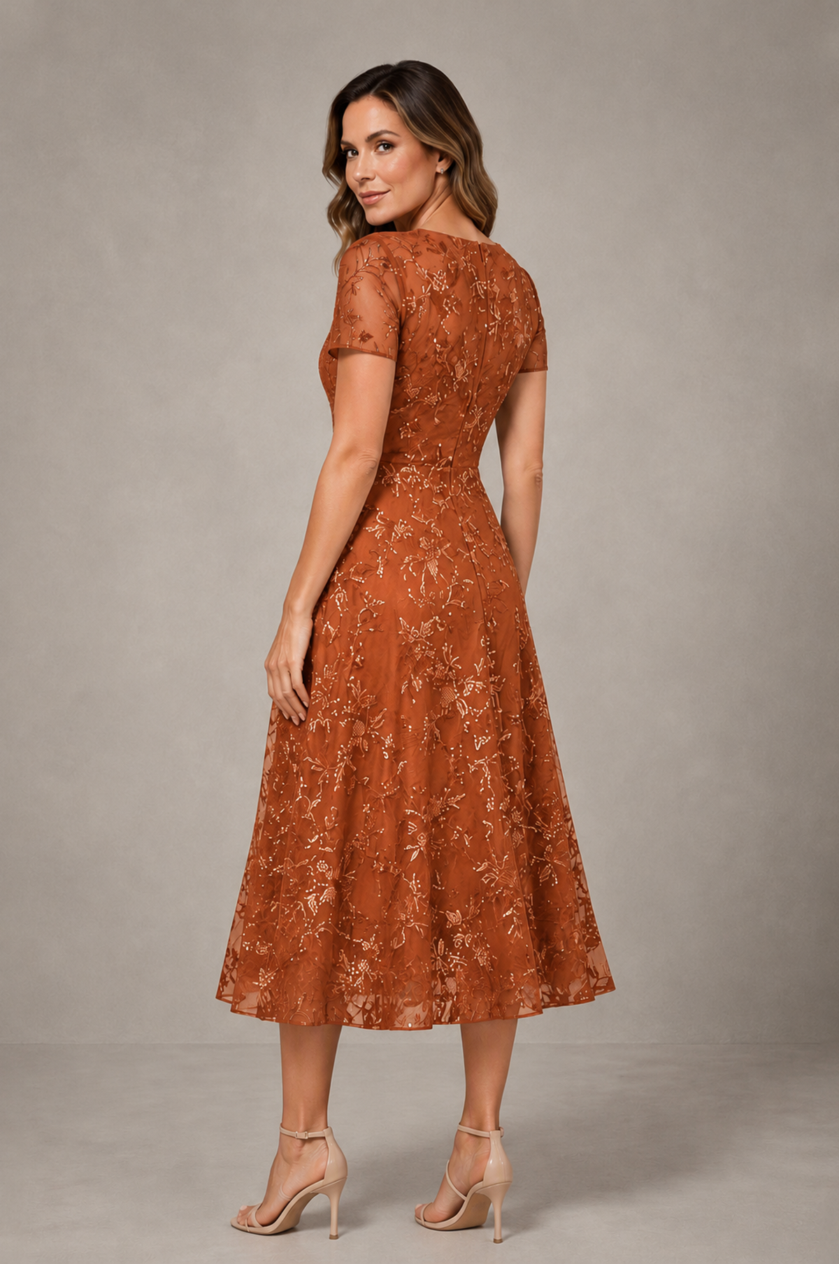 BOLODOO Burnt Orange Textured Floral A-Line Dress with Short Sleeves - Burnt Orange - Burnt Orange_02