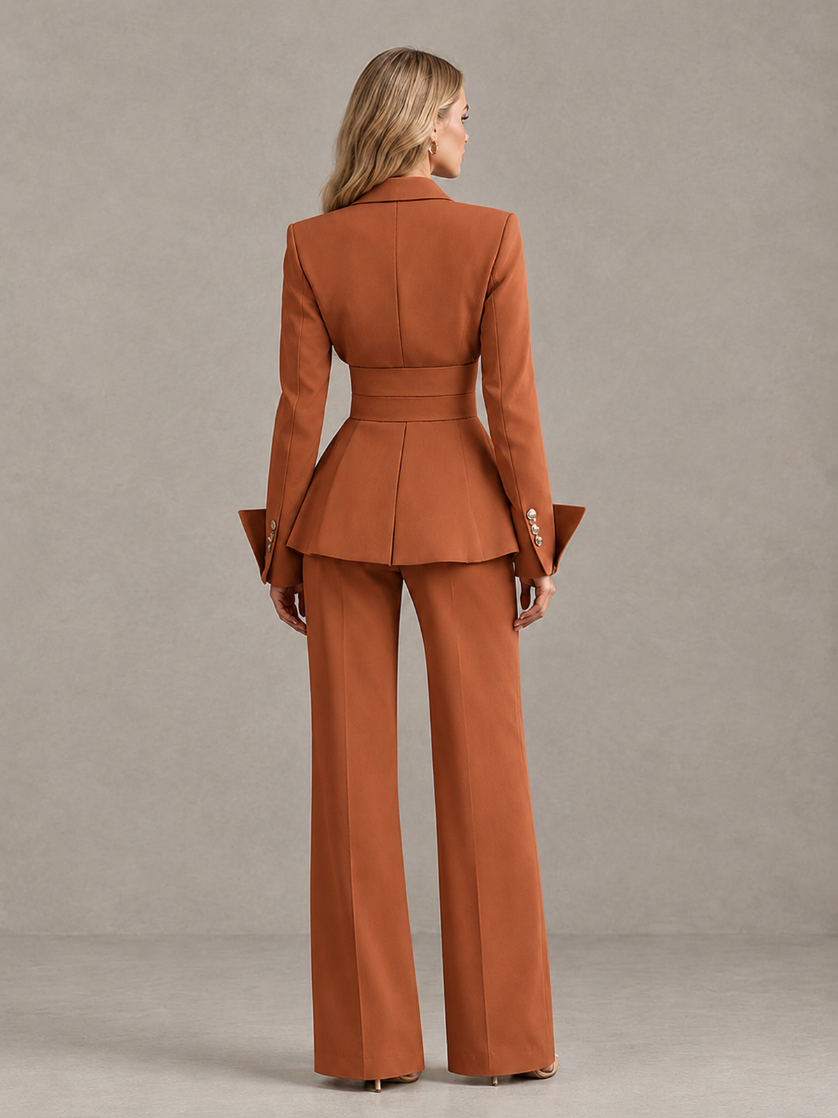 BOLODOO Burnt Orange Belted Peplum Pantsuit with Long Sleeves & Wide-Leg Trousers - Burnt Orange - Burnt Orange_02