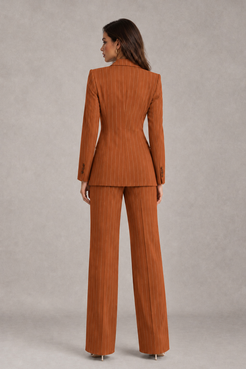 BOLODOO Women's Burnt Orange Pinstripe Three-Piece Pantsuit with Wide-Leg Trousers - Burnt Orange - Burnt Orange_02