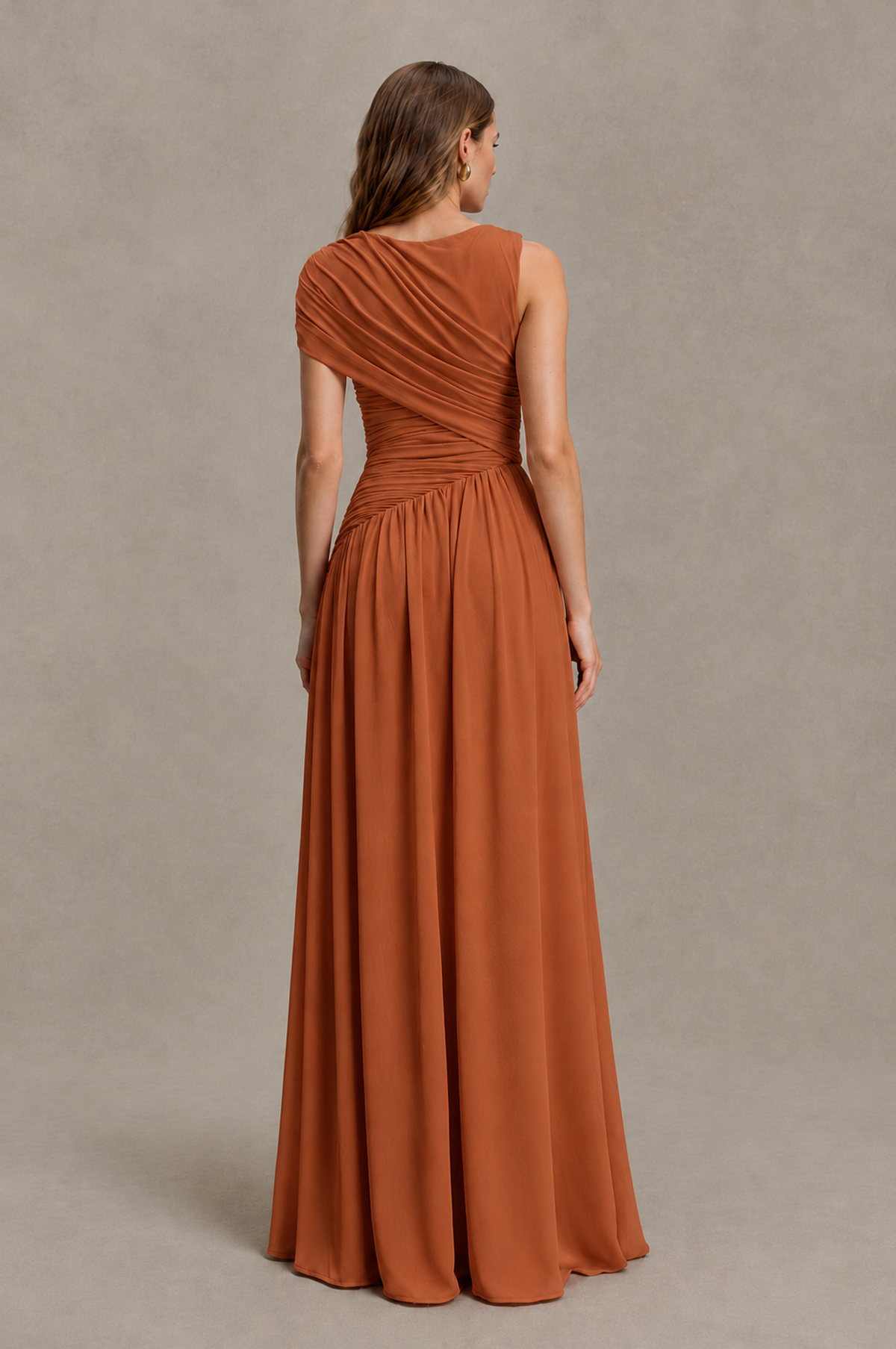 BOLODOO Burnt Orange One-Shoulder Ruched Floor-Length Bridesmaid Dress - Burnt Orange - Burnt Orange_02