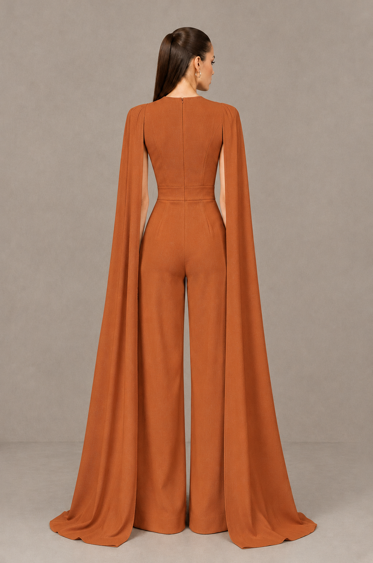 BOLODOO Burnt Orange Deep V-Neck Cape Sleeve Bridal Jumpsuit - Burnt Orange - Burnt Orange_02