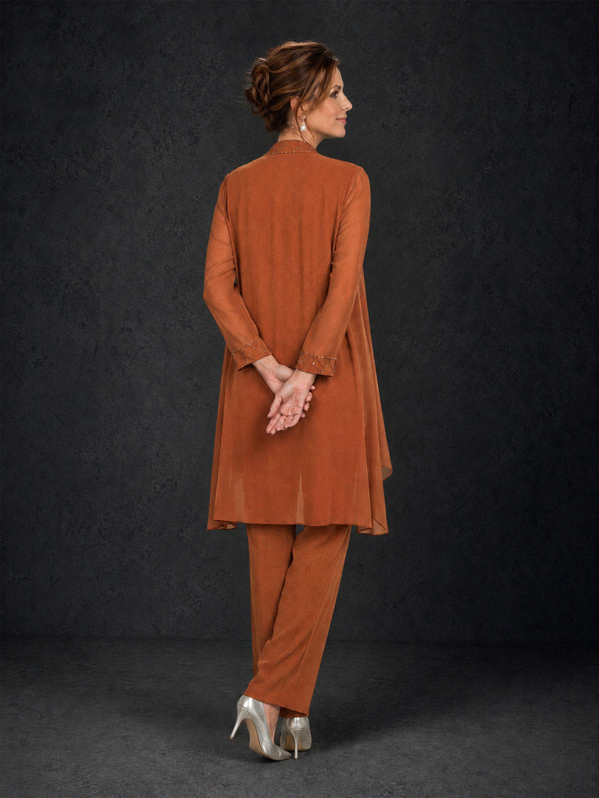 BOLODOO Burnt Orange 3-Piece Beaded Chiffon Duster Jacket Pant Suit - Burnt Orange - Burnt Orange_02