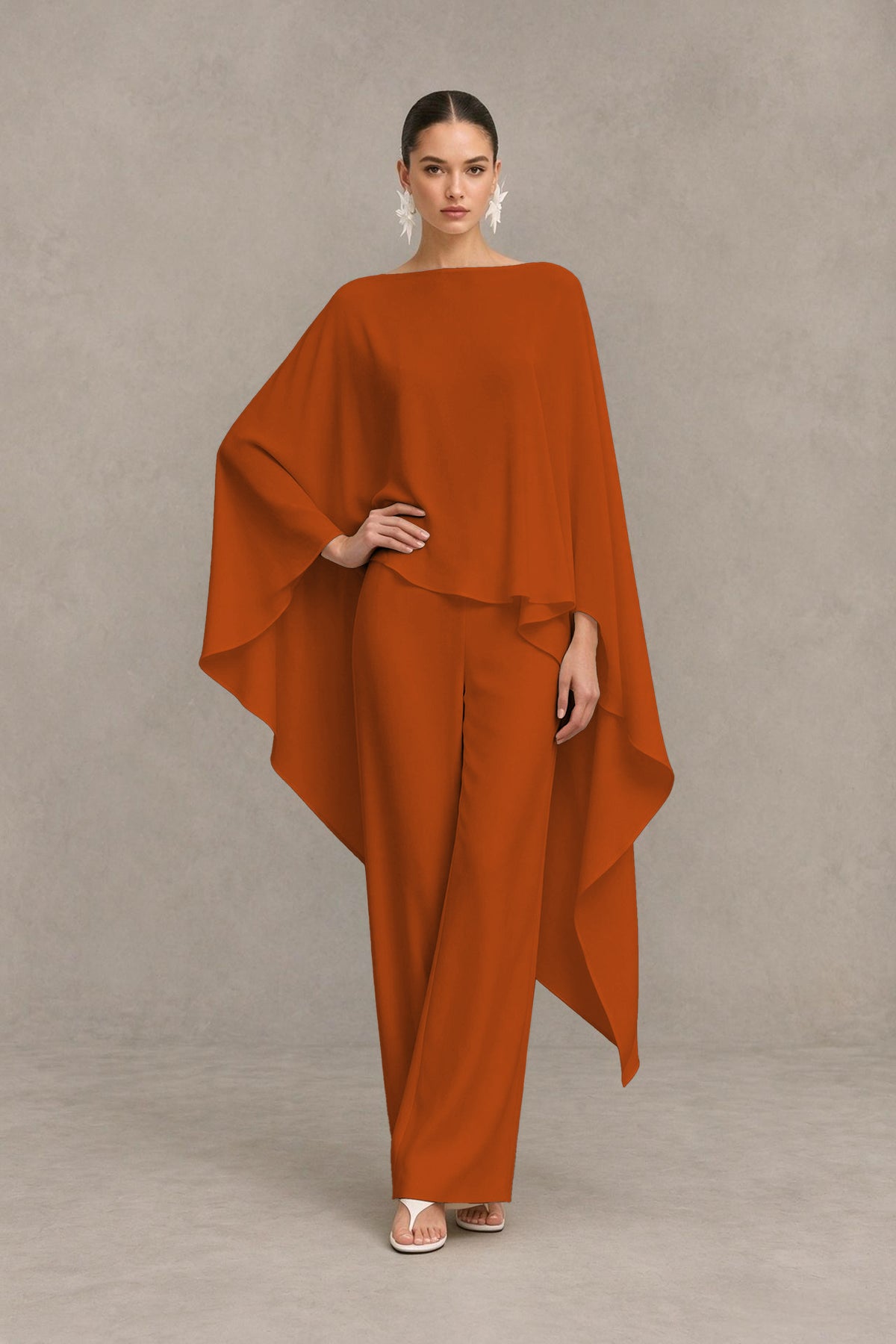 BOLODOO Burnt Orange Cape Sleeve Wide-Leg Formal Pantsuit - Burnt Orange - Burnt Orange_03