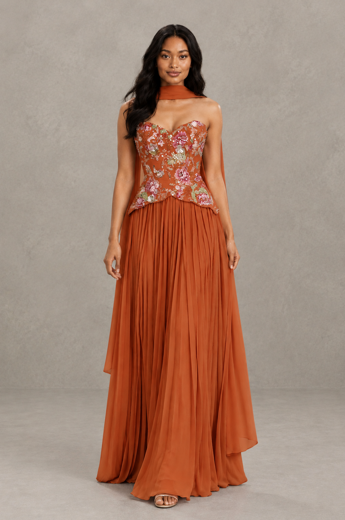 BOLODOO Burnt Orange Strapless Beaded Floral Corset Chiffon Maxi Gown – Open Back Prom & Formal Evening Dress - Burnt Orange - Burnt Orange_03