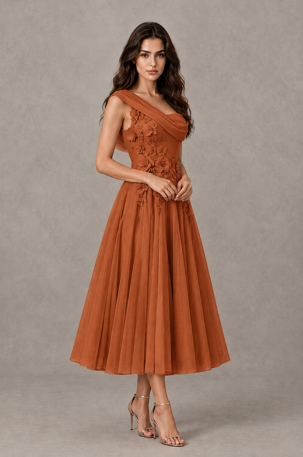 BOLODOO Burnt Orange One-Shoulder Floral Tulle Tea-Length Dress - Burnt Orange - Burnt Orange_03