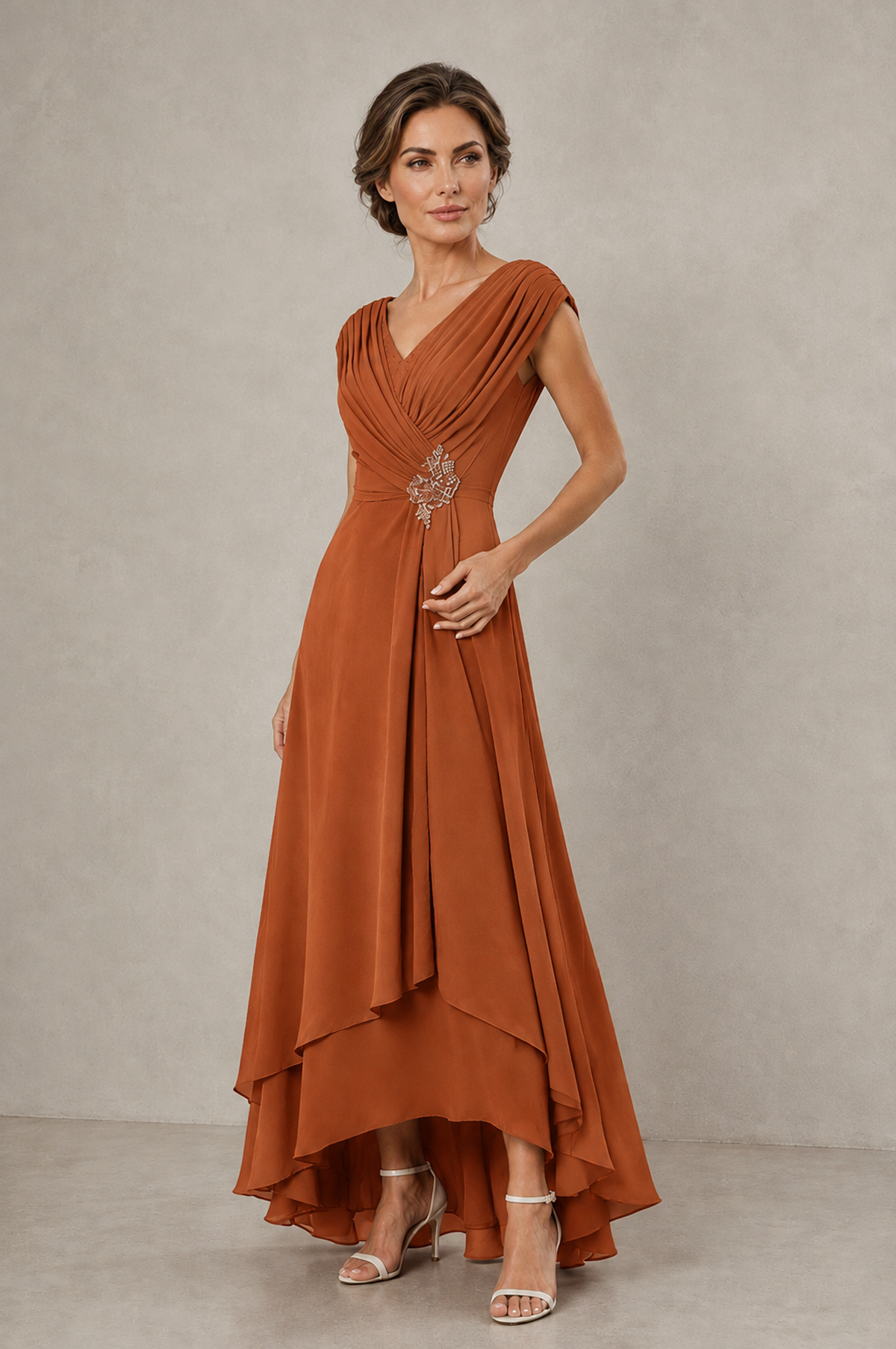 BOLODOO Burnt Orange V-Neck High-Low Mother of the Bride Dress - Burnt Orange - Burnt Orange_03