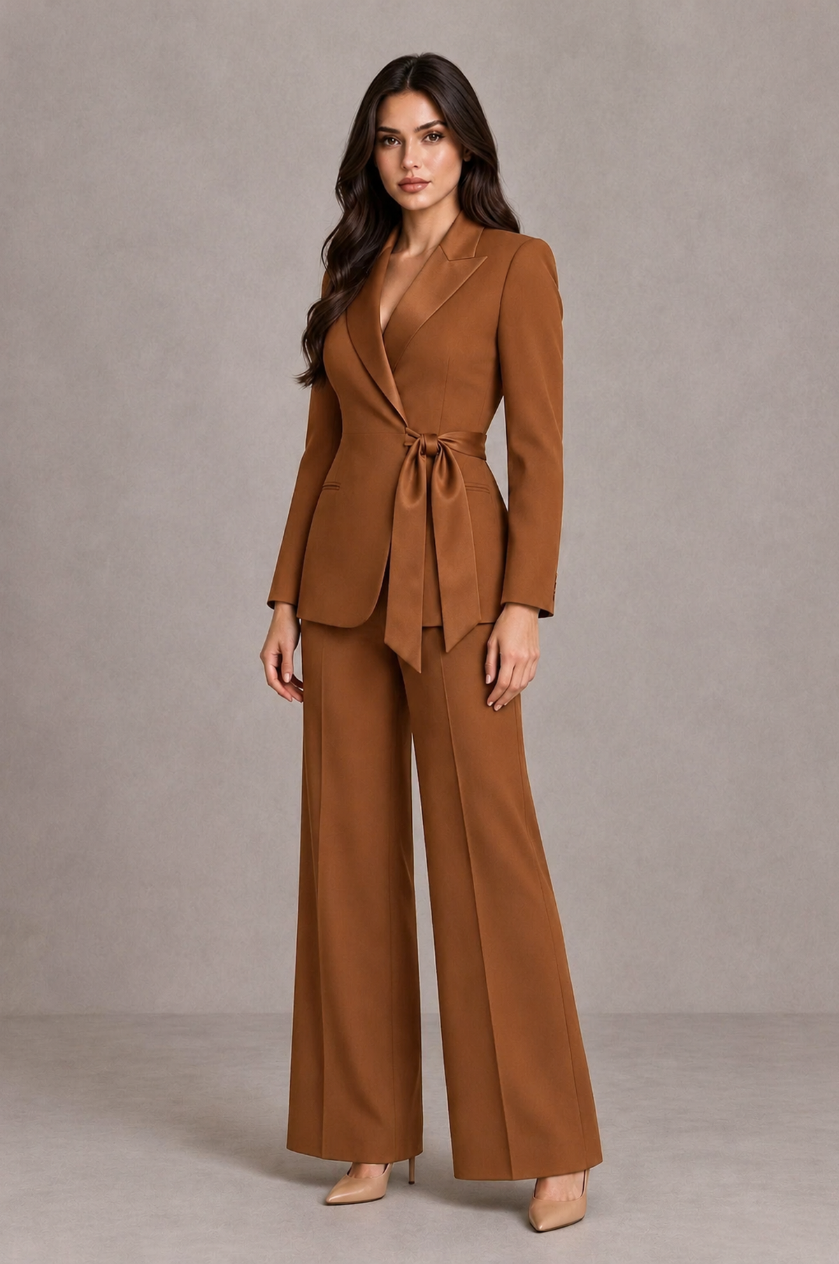 BOLODOO Burnt Orange Tie-Waist Blazer & Wide-Leg Pantsuit - Burnt Orange - Burnt Orange_03