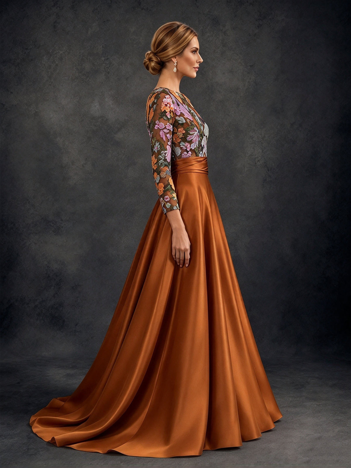 BOLODOO Burnt Orange 3/4 Sleeve Sequin Floral Illusion Bodice Satin A-Line Formal Gown - Burnt Orange - Burnt Orange_03