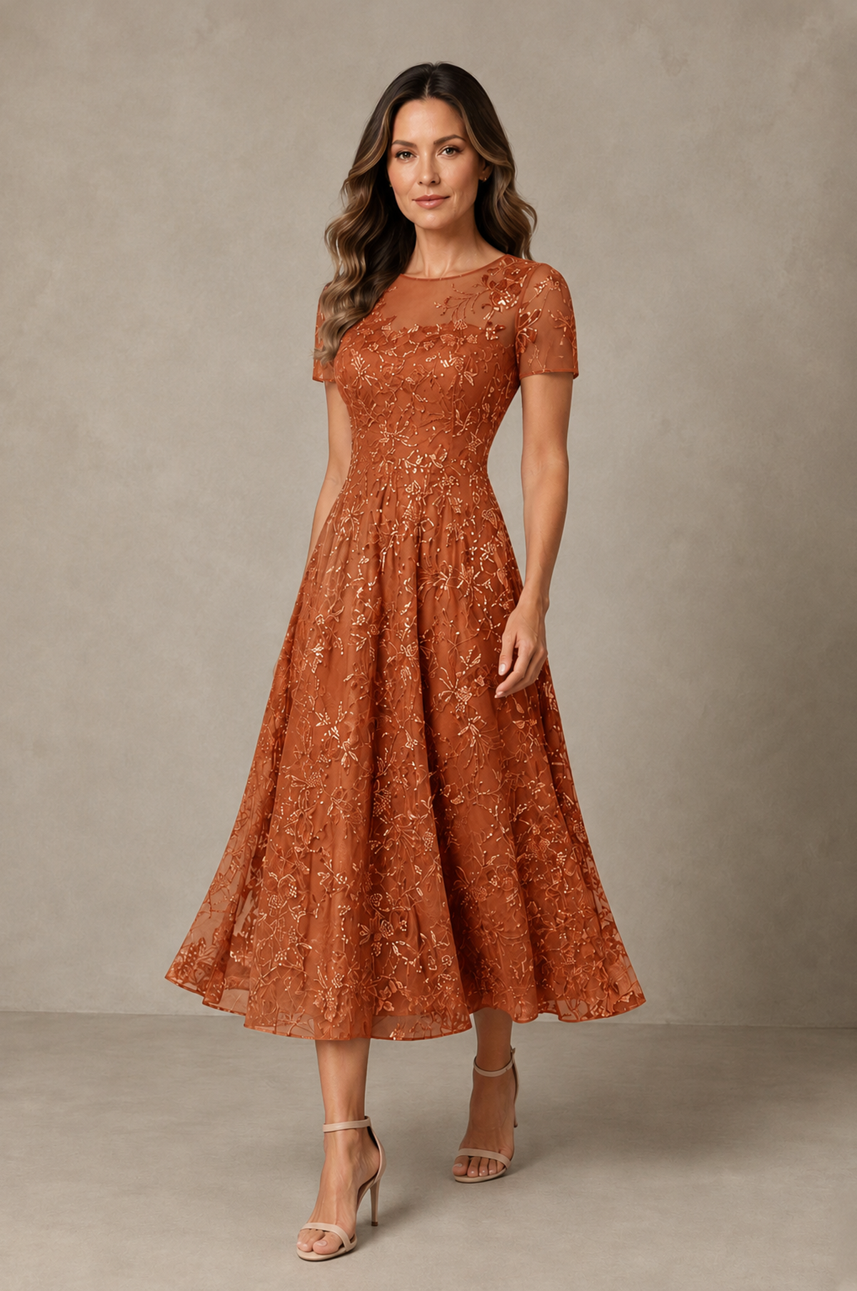 BOLODOO Burnt Orange Textured Floral A-Line Dress with Short Sleeves - Burnt Orange - Burnt Orange_03