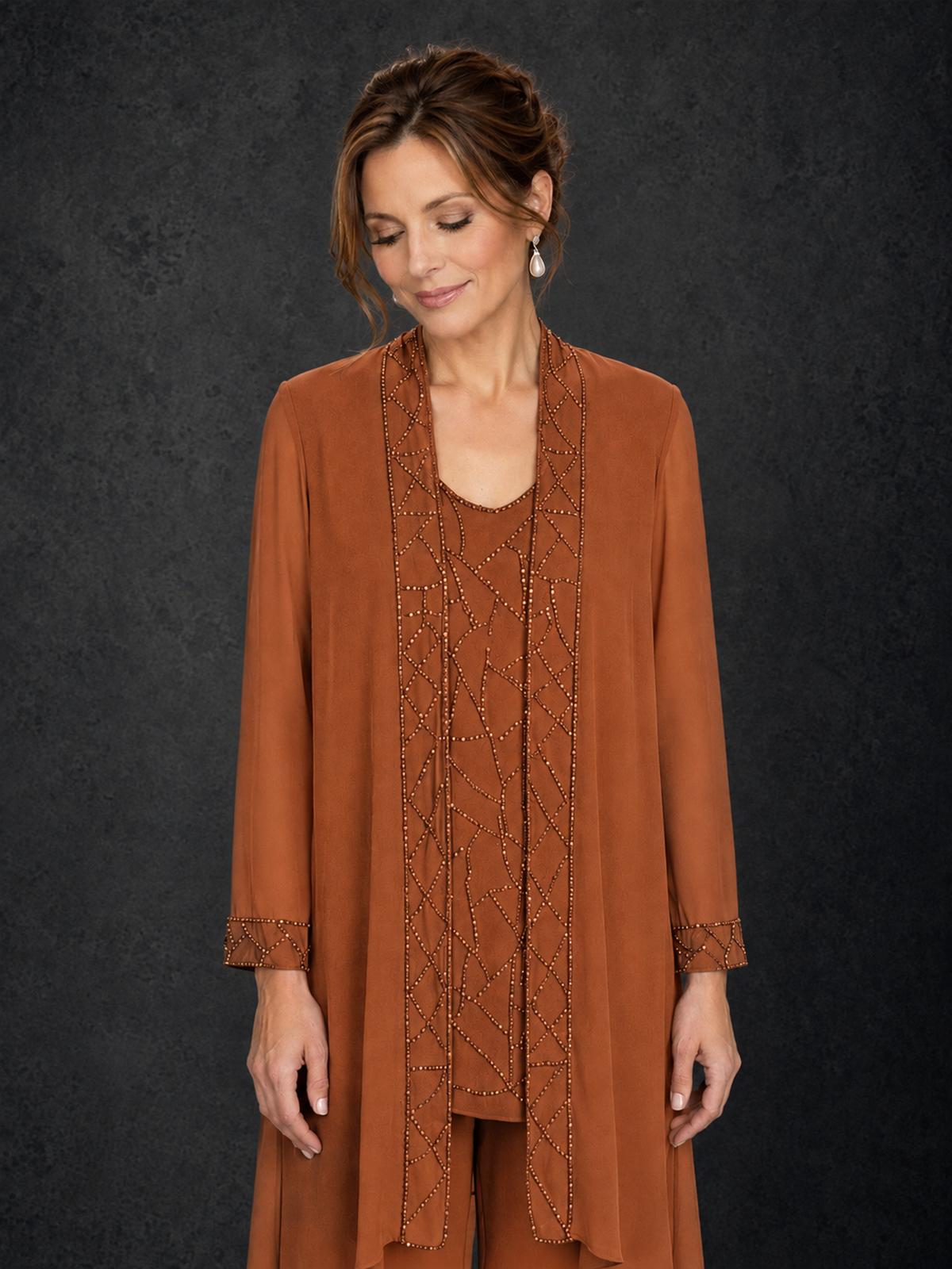 BOLODOO Burnt Orange 3-Piece Beaded Chiffon Duster Jacket Pant Suit - Burnt Orange - Burnt Orange_03
