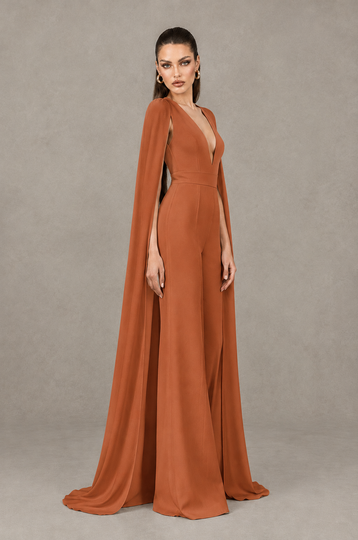 BOLODOO Burnt Orange Deep V-Neck Cape Sleeve Bridal Jumpsuit - Burnt Orange - Burnt Orange_03