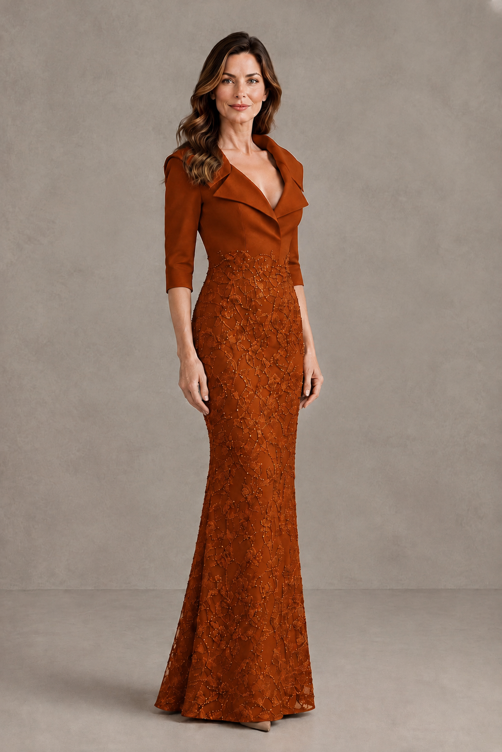 BOLODOO Burnt Orange Three-Quarter Sleeve Mermaid Evening Dress with Floral Detail - Burnt Orange - Burnt Orange_03