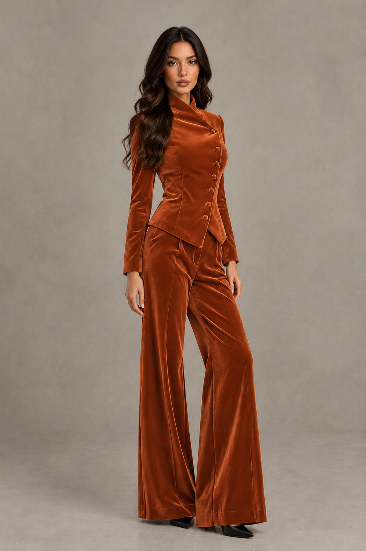 BOLODOO Burnt Orange Velvet Two-Piece Pantsuit with Long Sleeve Blazer & Wide-Leg Trousers - Burnt Orange - Burnt Orange_03