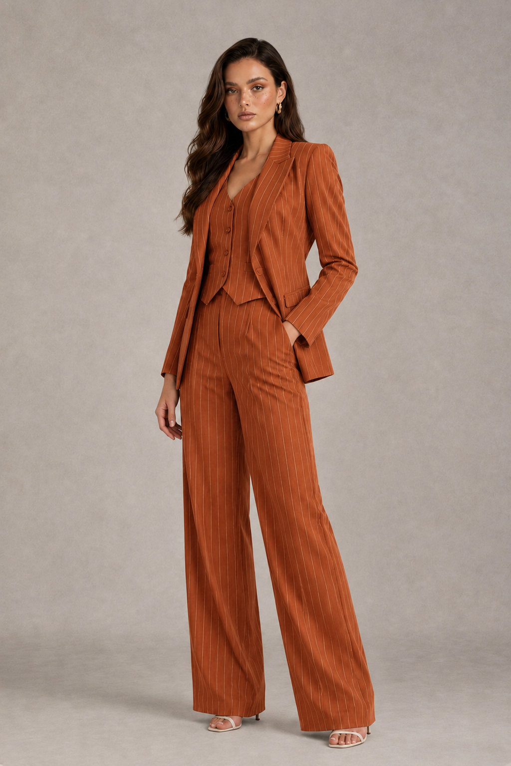 BOLODOO Women's Burnt Orange Pinstripe Three-Piece Pantsuit with Wide-Leg Trousers - Burnt Orange - Burnt Orange_03