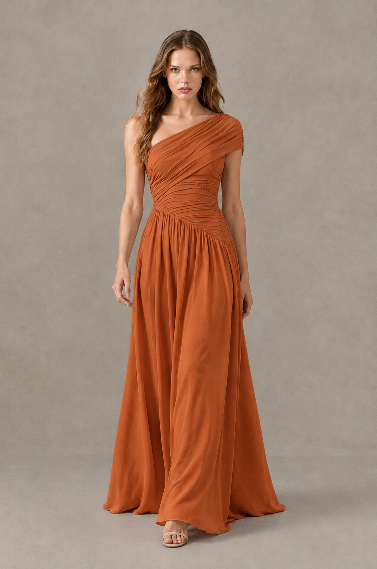 BOLODOO Burnt Orange One-Shoulder Ruched Floor-Length Bridesmaid Dress - Burnt Orange - Burnt Orange_03