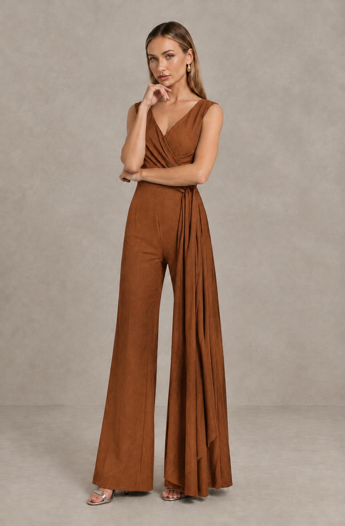 BOLODOO Burnt Orange Sleeveless V-Neck Wide-Leg Jumpsuit with Side Drape - Burnt Orange - Burnt Orange_03