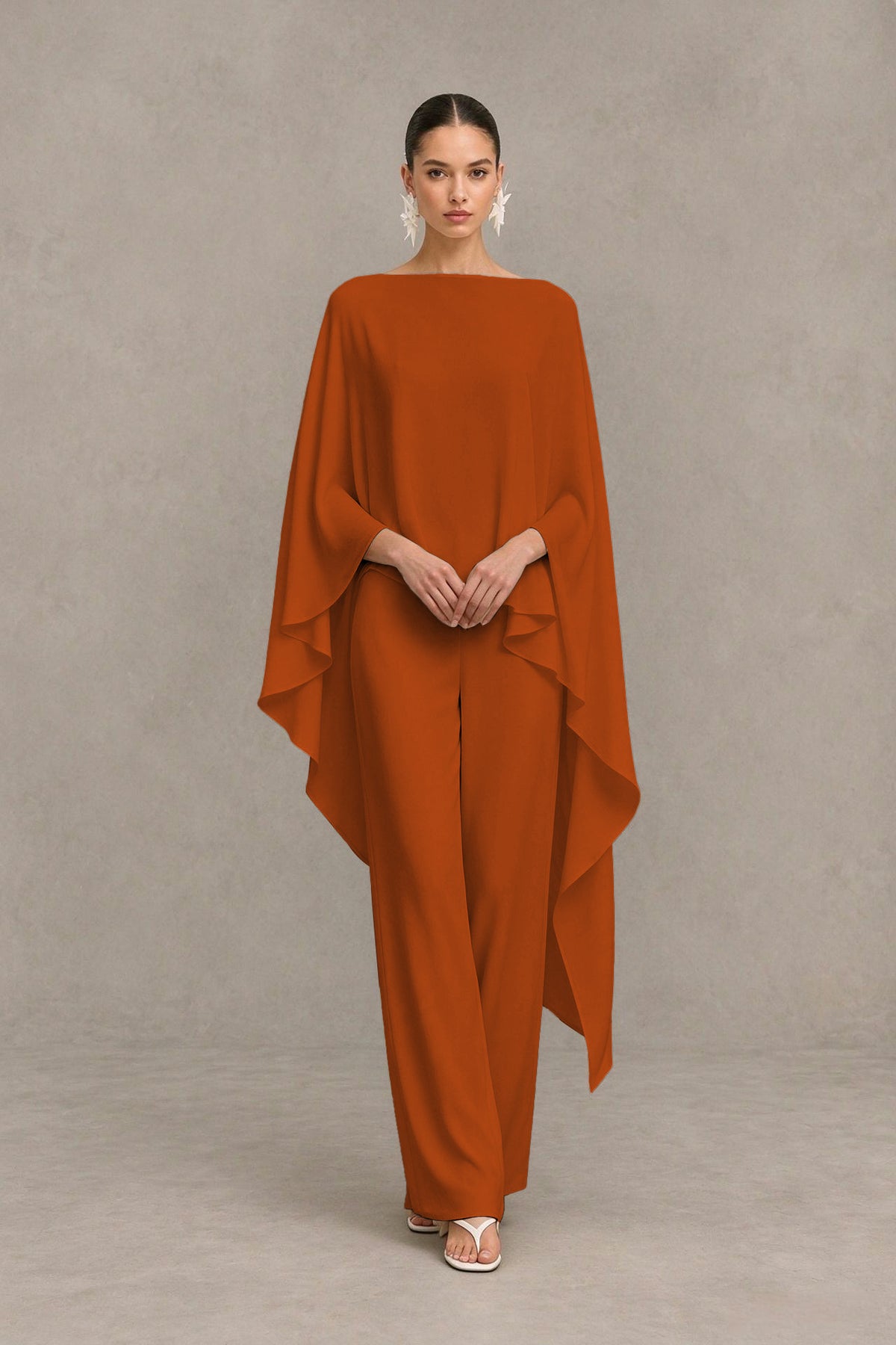 BOLODOO Burnt Orange Cape Sleeve Wide-Leg Formal Pantsuit - Burnt Orange - Burnt Orange_04