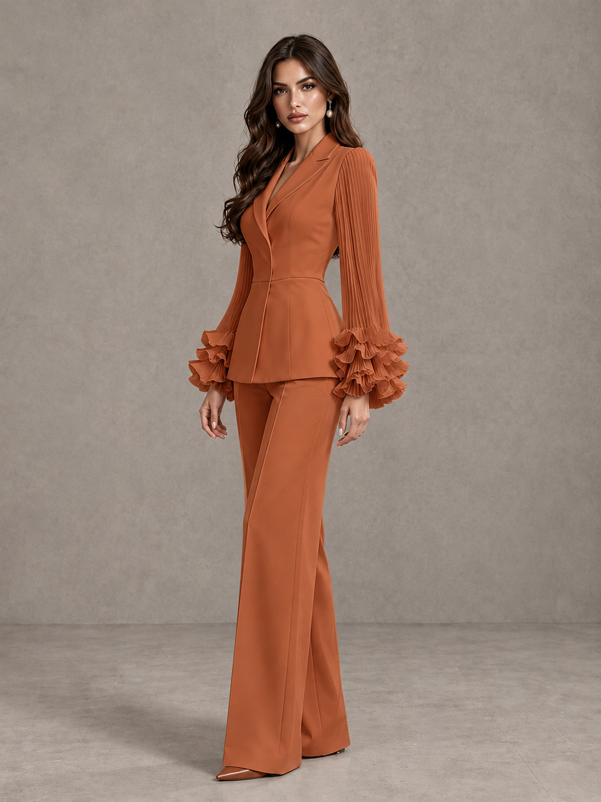 BOLODOO Burnt Orange Mother of the Bride Pant Suit – Pleated Long Sleeve Ruffle Cuff Wide Leg Trouser Suit - Burnt Orange - Burnt Orange_04