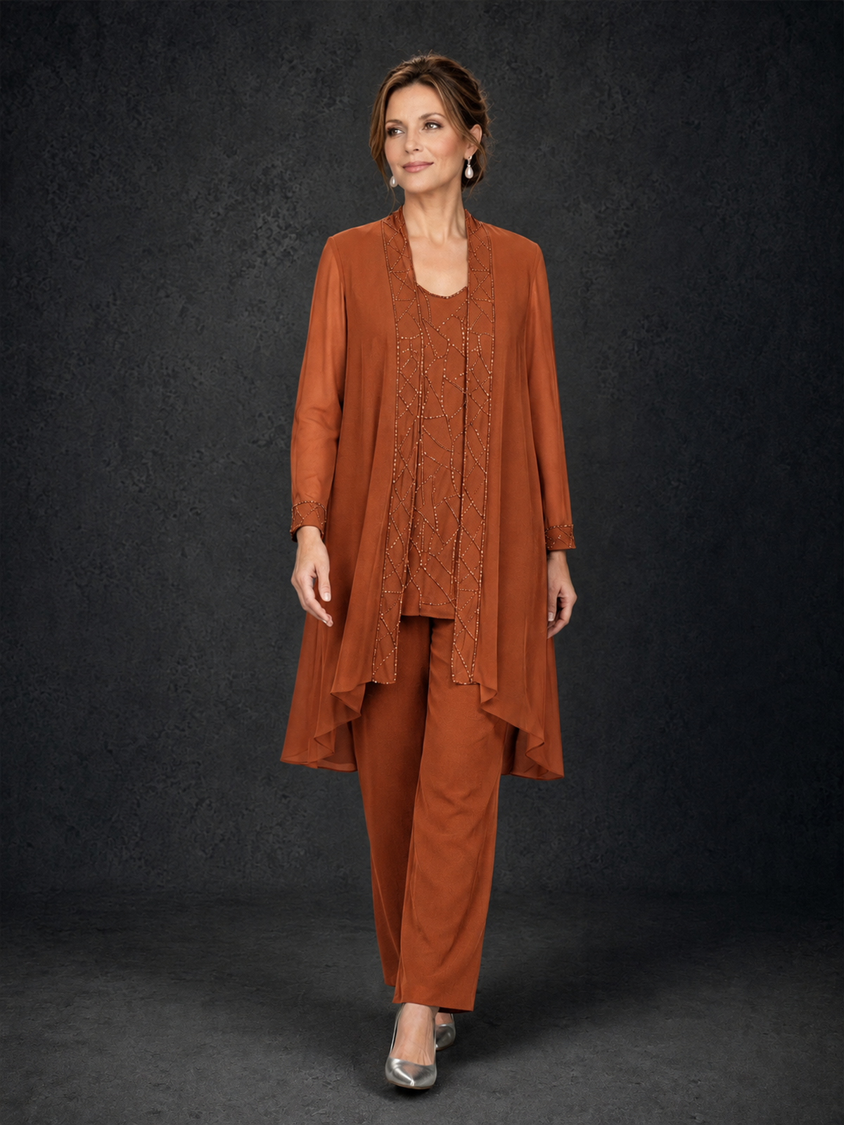 BOLODOO Burnt Orange 3-Piece Beaded Chiffon Duster Jacket Pant Suit - Burnt Orange - Burnt Orange_04