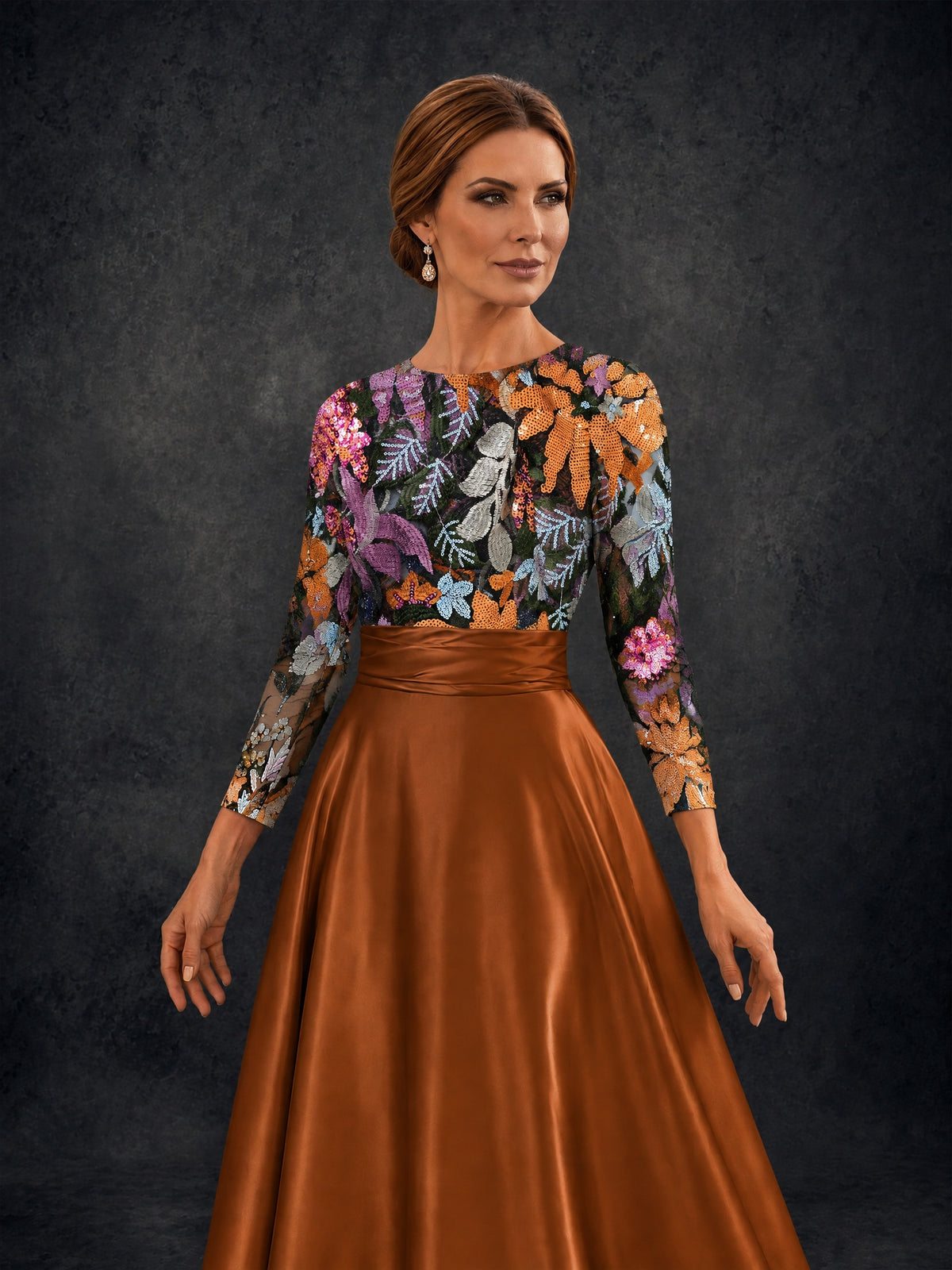 BOLODOO Burnt Orange 3/4 Sleeve Sequin Floral Illusion Bodice Satin A-Line Formal Gown - Burnt Orange - Burnt Orange_04