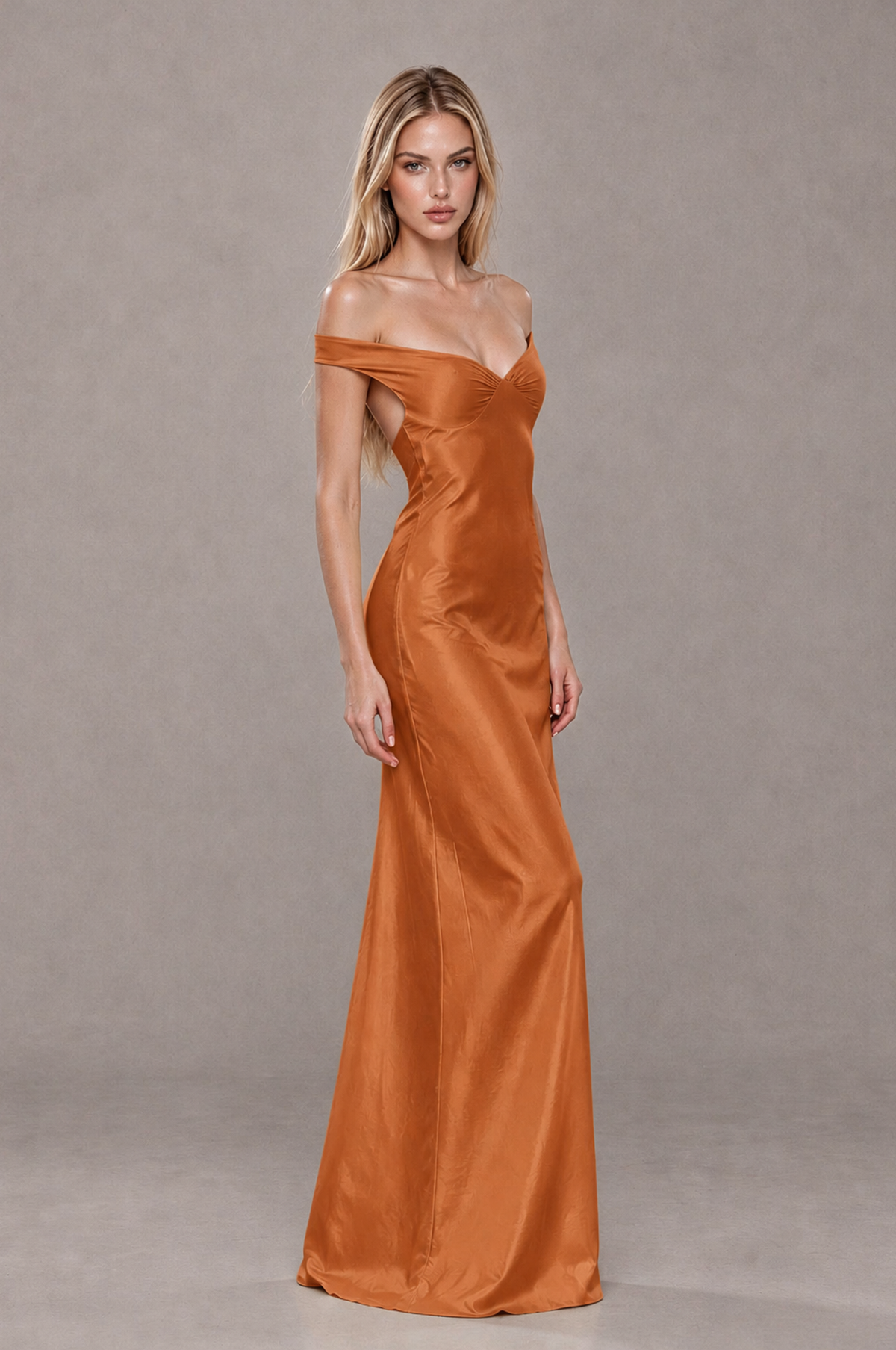 BOLODOO Burnt Orange Off-Shoulder Open-Back Satin Evening Gown - Burnt Orange - Burnt Orange_04