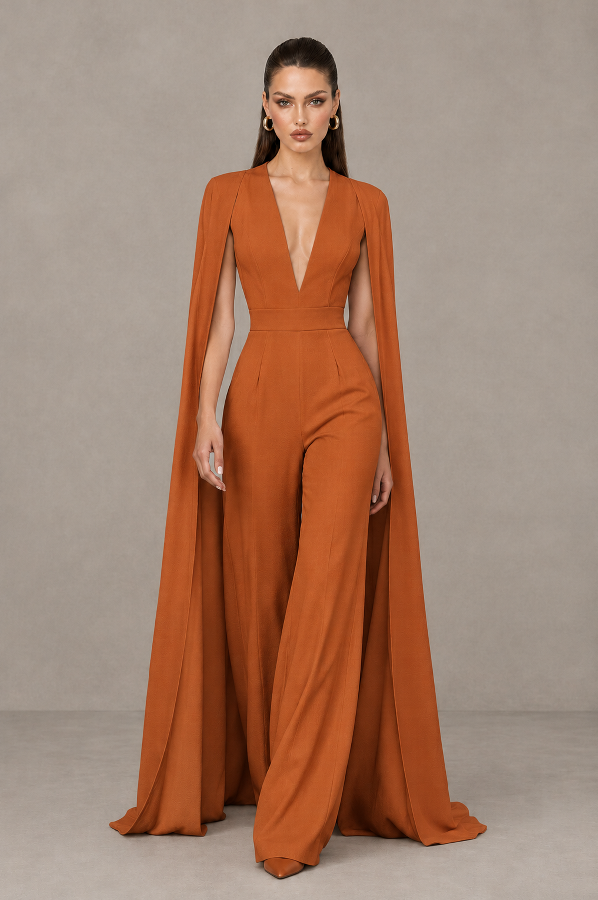 BOLODOO Burnt Orange Deep V-Neck Cape Sleeve Bridal Jumpsuit - Burnt Orange - Burnt Orange_04