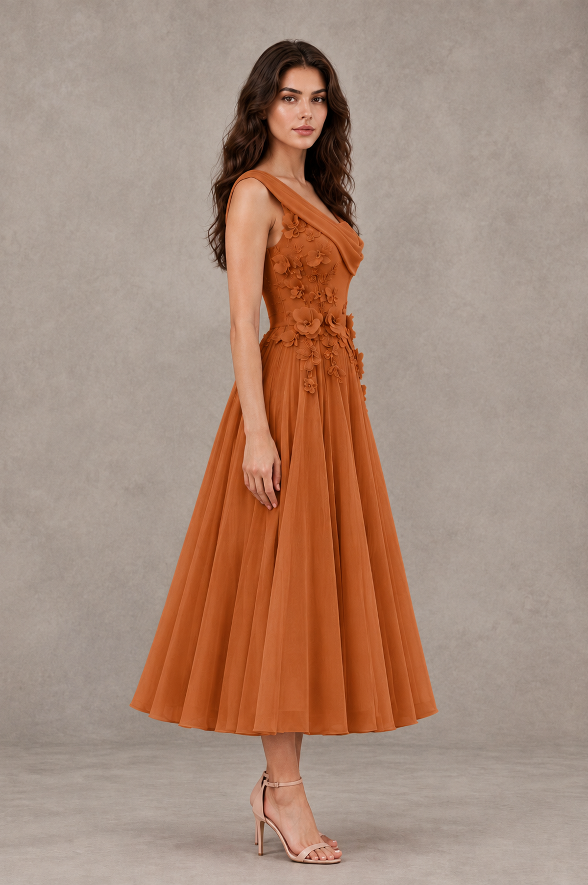 BOLODOO Burnt Orange One-Shoulder Floral Tulle Tea-Length Dress - Burnt Orange - Burnt Orange_04