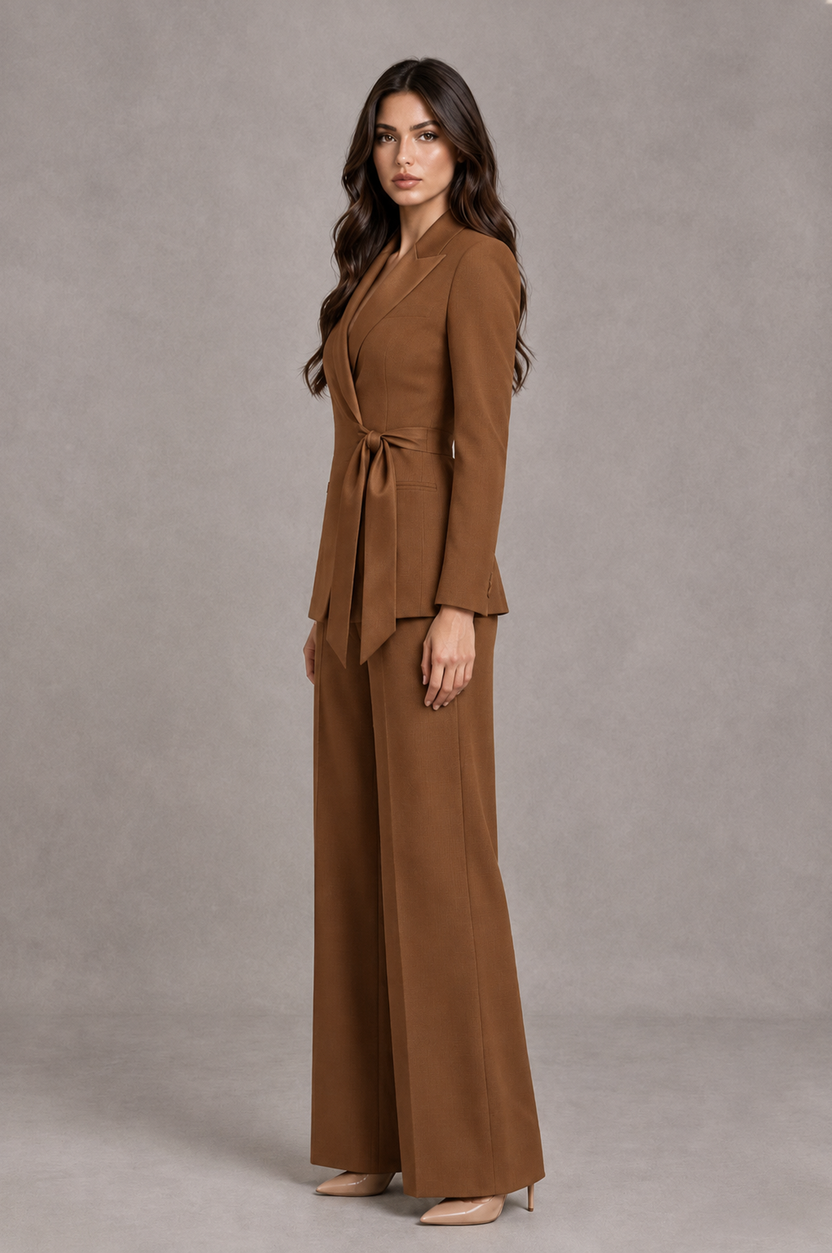 BOLODOO Burnt Orange Tie-Waist Blazer & Wide-Leg Pantsuit - Burnt Orange - Burnt Orange_04